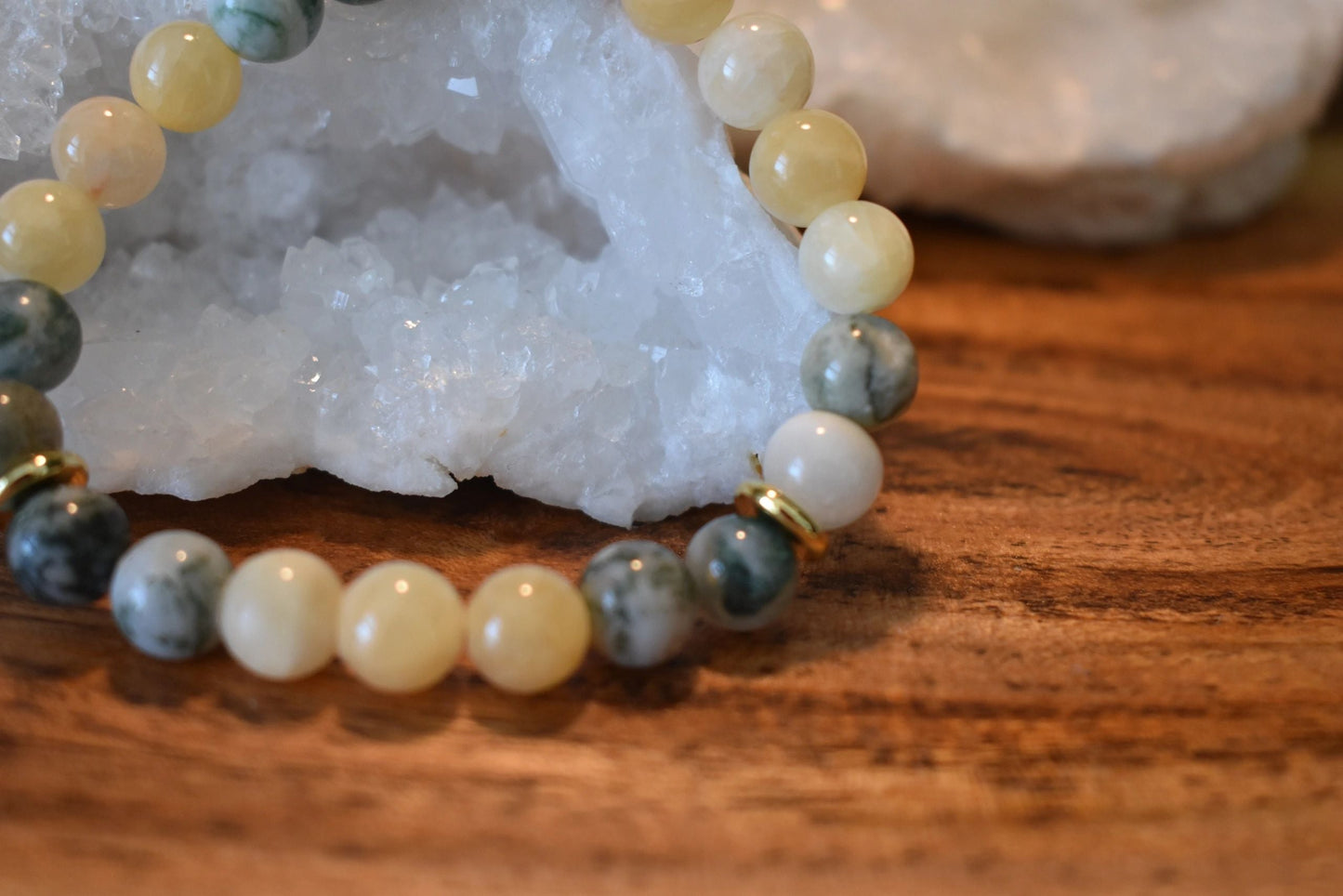 💛 8mm Yellow Jade & Tree Agate Crystal Bracelet – Abundance, Balance & Grounded Optimism | Gold Accents