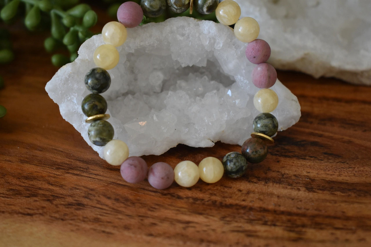 🌳 8mm Rainforest Jasper, Yellow Jade & Matte Rhodonite Crystal Bracelet – Confidence, Renewal & Compassion | Gold Accents + Tree of Life Charm