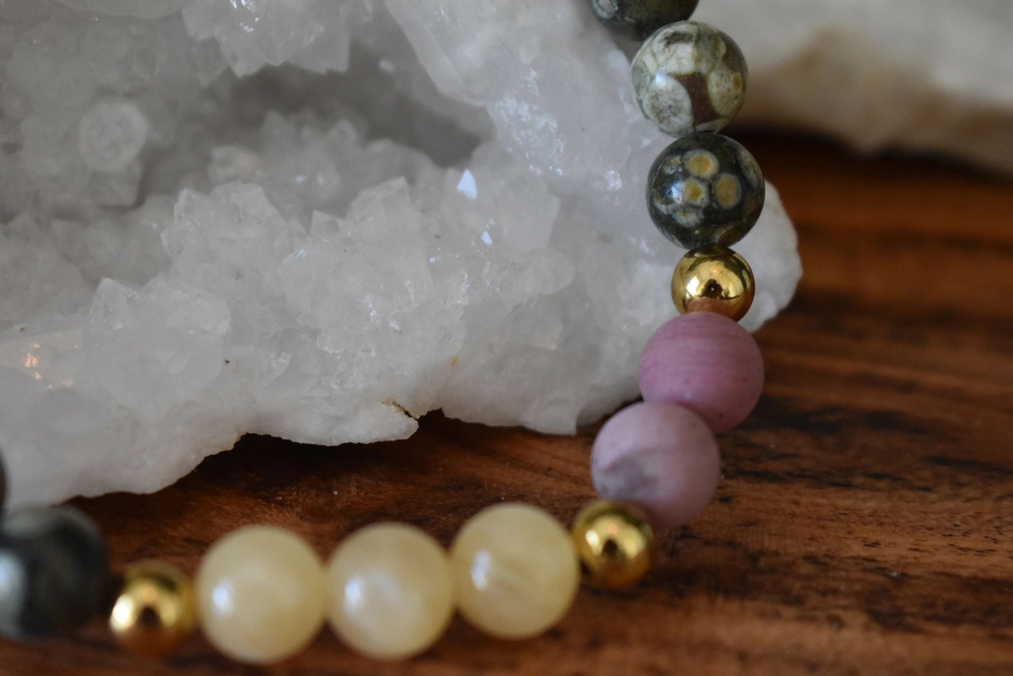8mm Rainforest Jasper, Yellow Calcite & Matte Rhodonite Crystal Bracelet – Grounded Joy • Emotional Renewal • Heart Growth