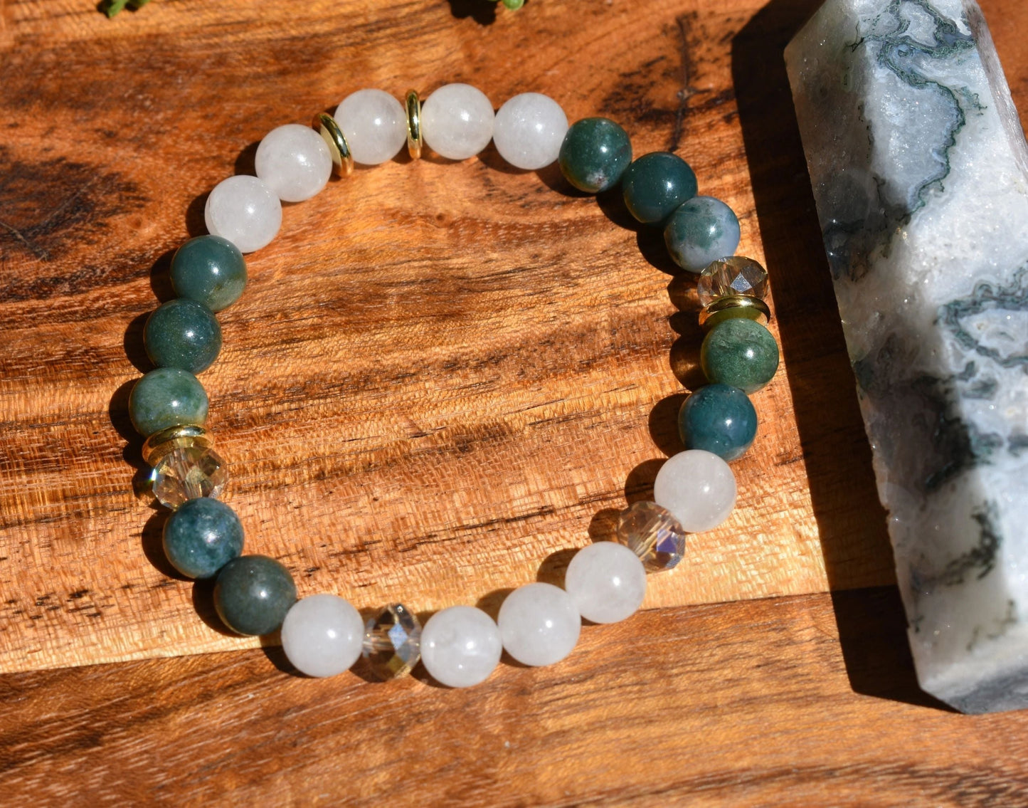Verdant Harmony Bundle - Moss Agate & Milky Quartz Bracelet, Moss Agate Tower& Leaf, Selenite and Keychain