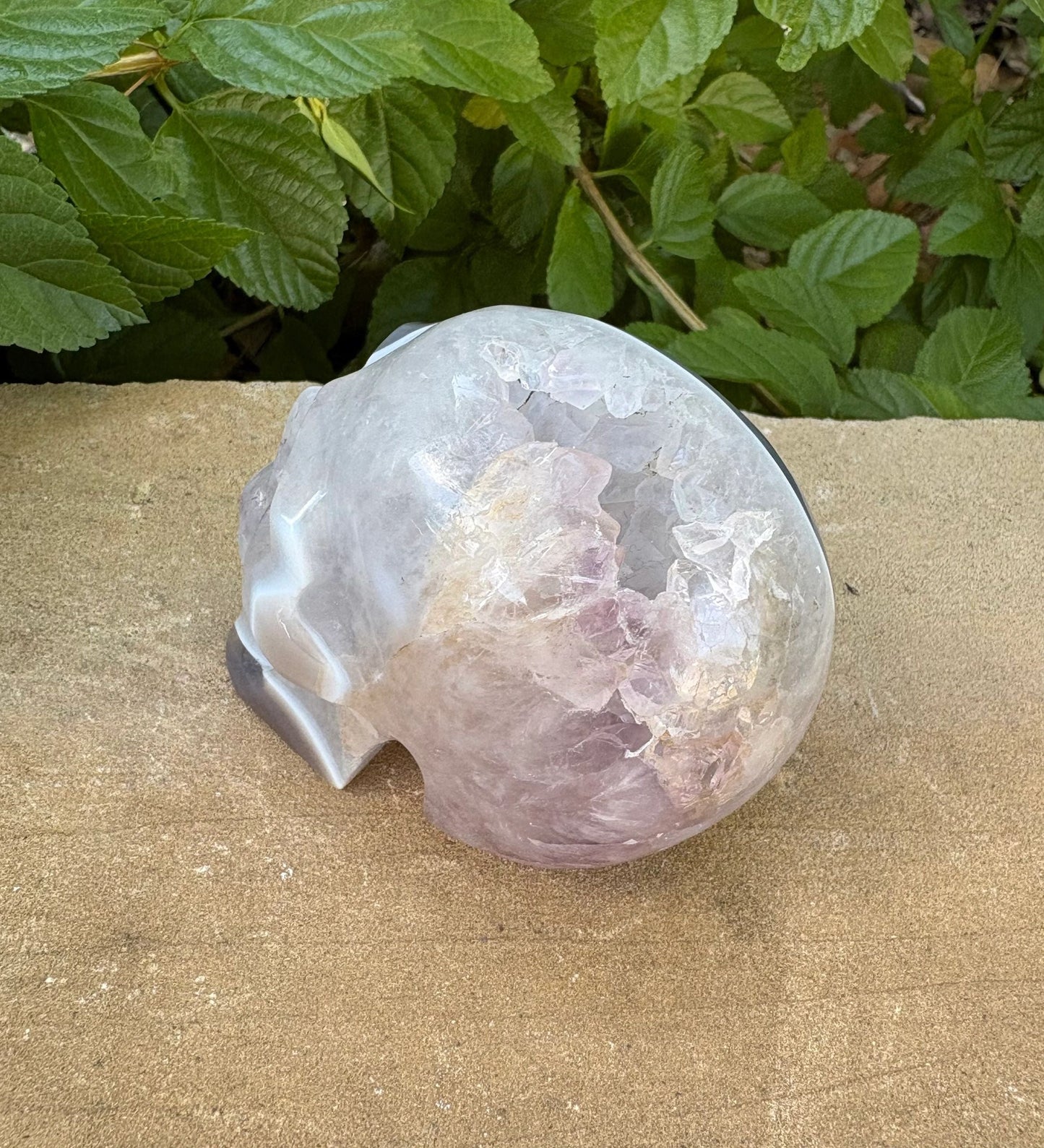 ⚡ Duality Crystal Skull – Grey Agate & Quartz with Cavern Crown + Amethyst Streak | 15.36 oz.
