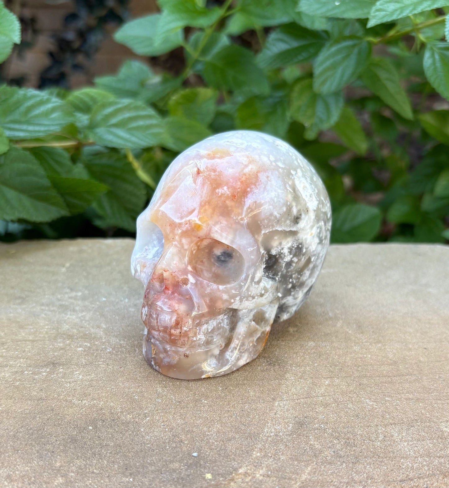 ⚡ 1.18 lb. Translucent Agate Skull with Fiery Streak – Uniquely Earthy & Fierce