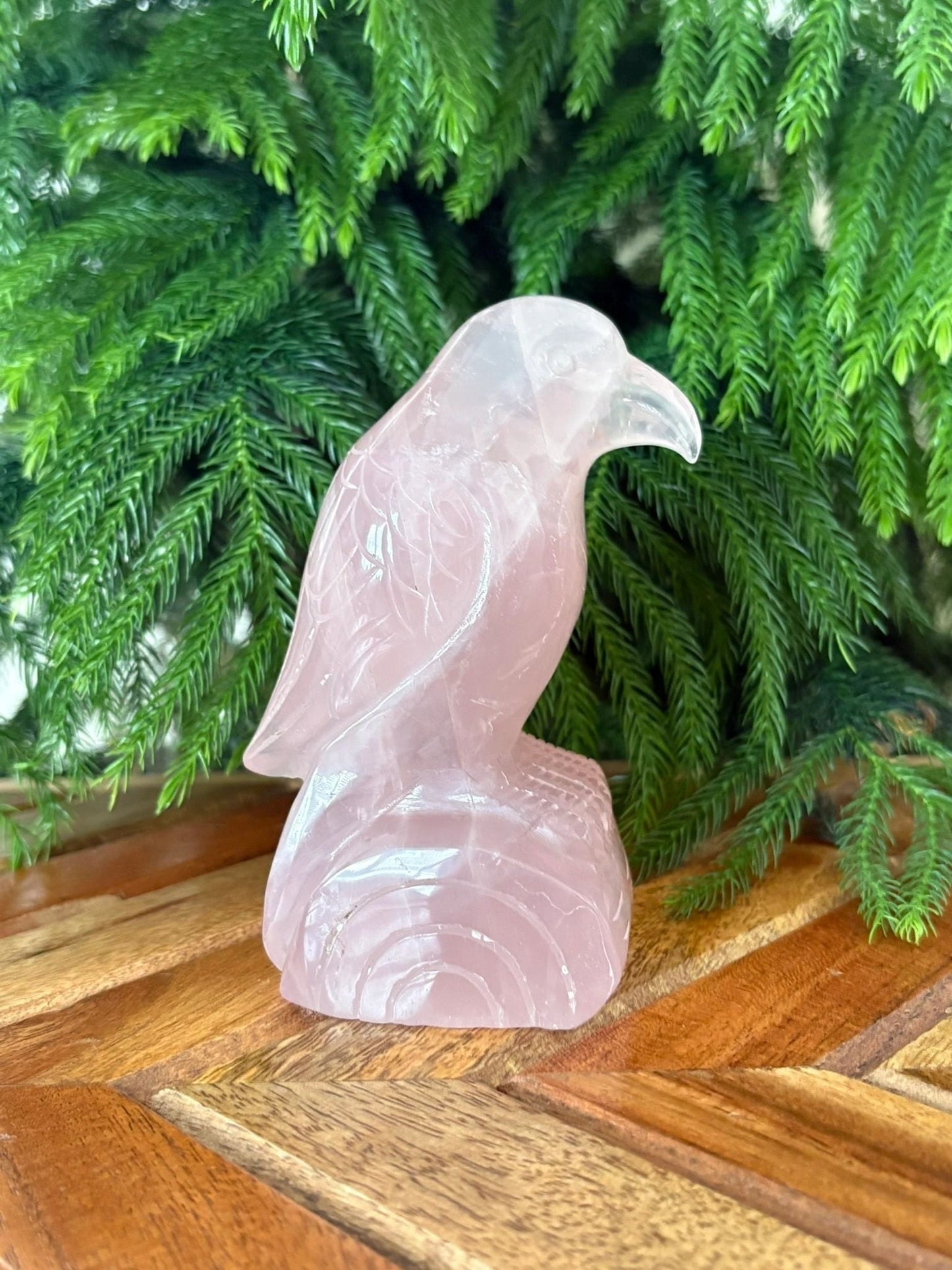 ๐ Rose Quartz Raven on Log โ Love, Renewal & Higher Insight | 1.3 lbs.