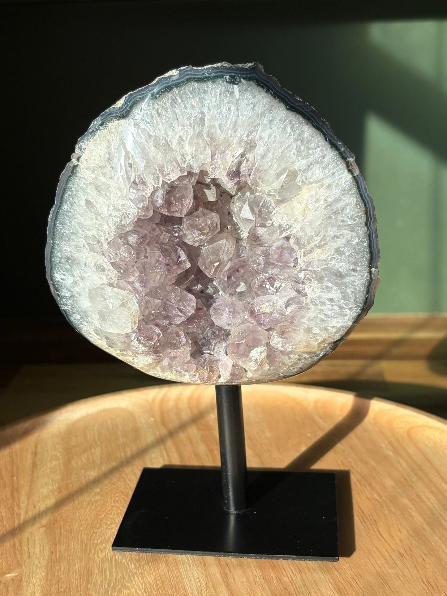 💜 Raw Amethyst & White Quartz Geode on Stand – Illumination, Peace & Higher Wisdom | 1.81 lbs