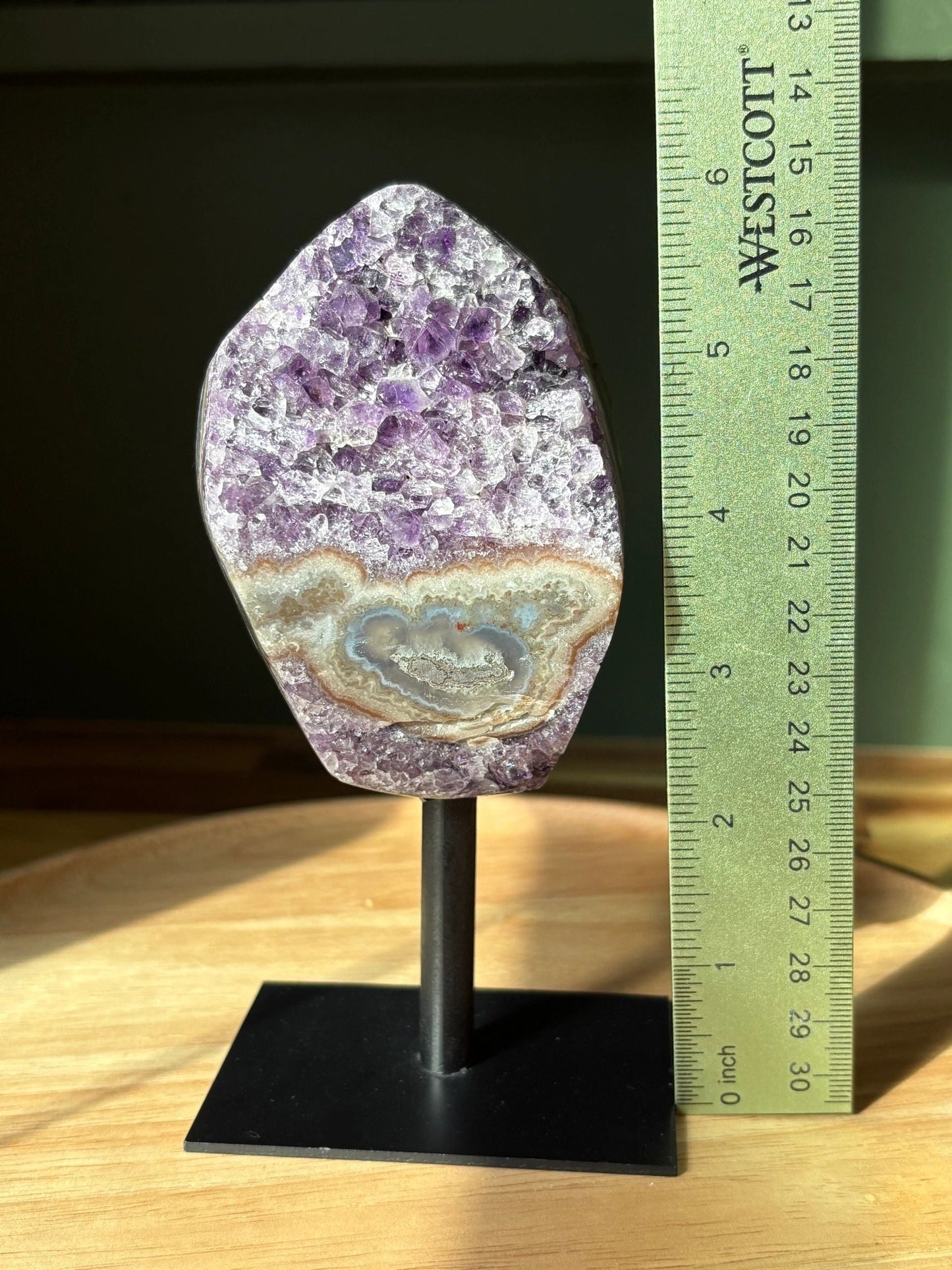 💜 Raw Amethyst & Banded Agate Freeform on Stand – Intuition, Protection & Earth Magic | 1.37 lbs