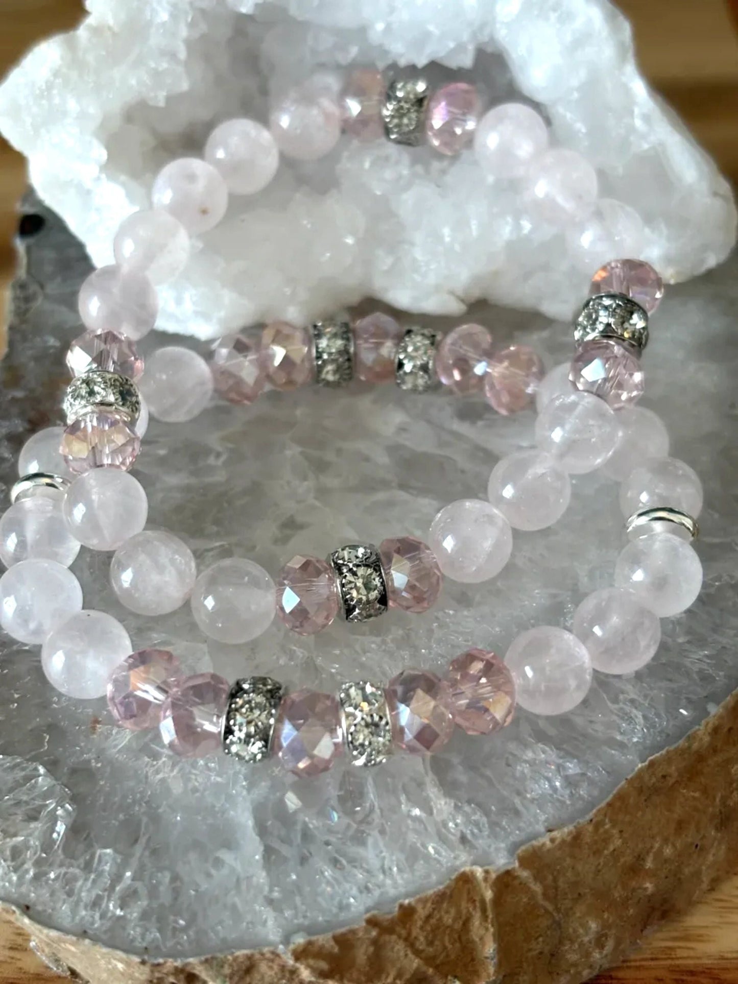 8mm Light Rose Quartz Crystal Bracelet Set – Love • Calm • Divine Feminine Energy