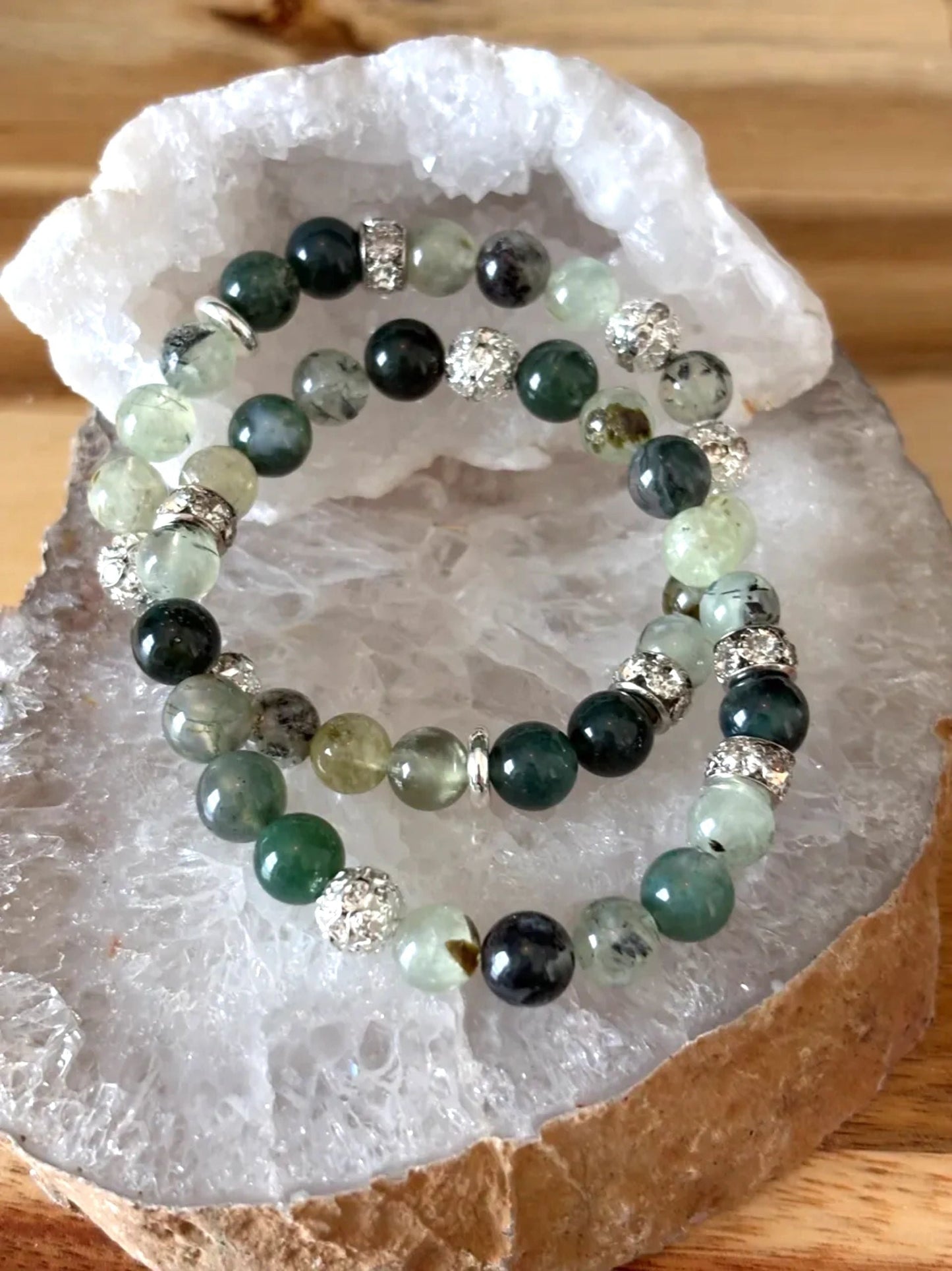Prehnite & Moss Agate Bracelet Set with Stainless Steel Silver & Silver-Tone Rhinestone Accents – 8mm (Set of 2)