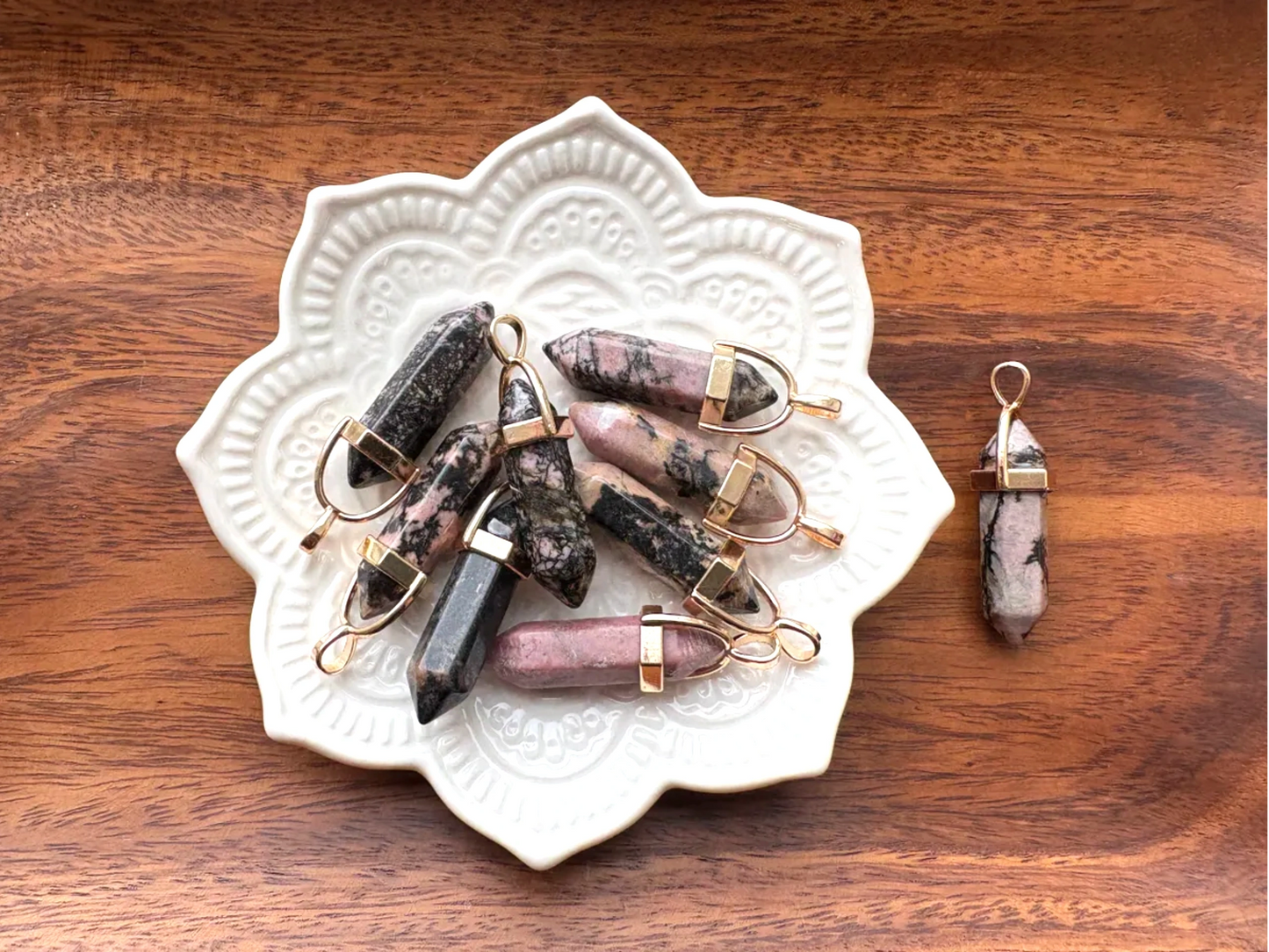 Pink & Black Rhodonite Point Pendant – Heart Healing • Emotional Balance • Bold Self-Worth