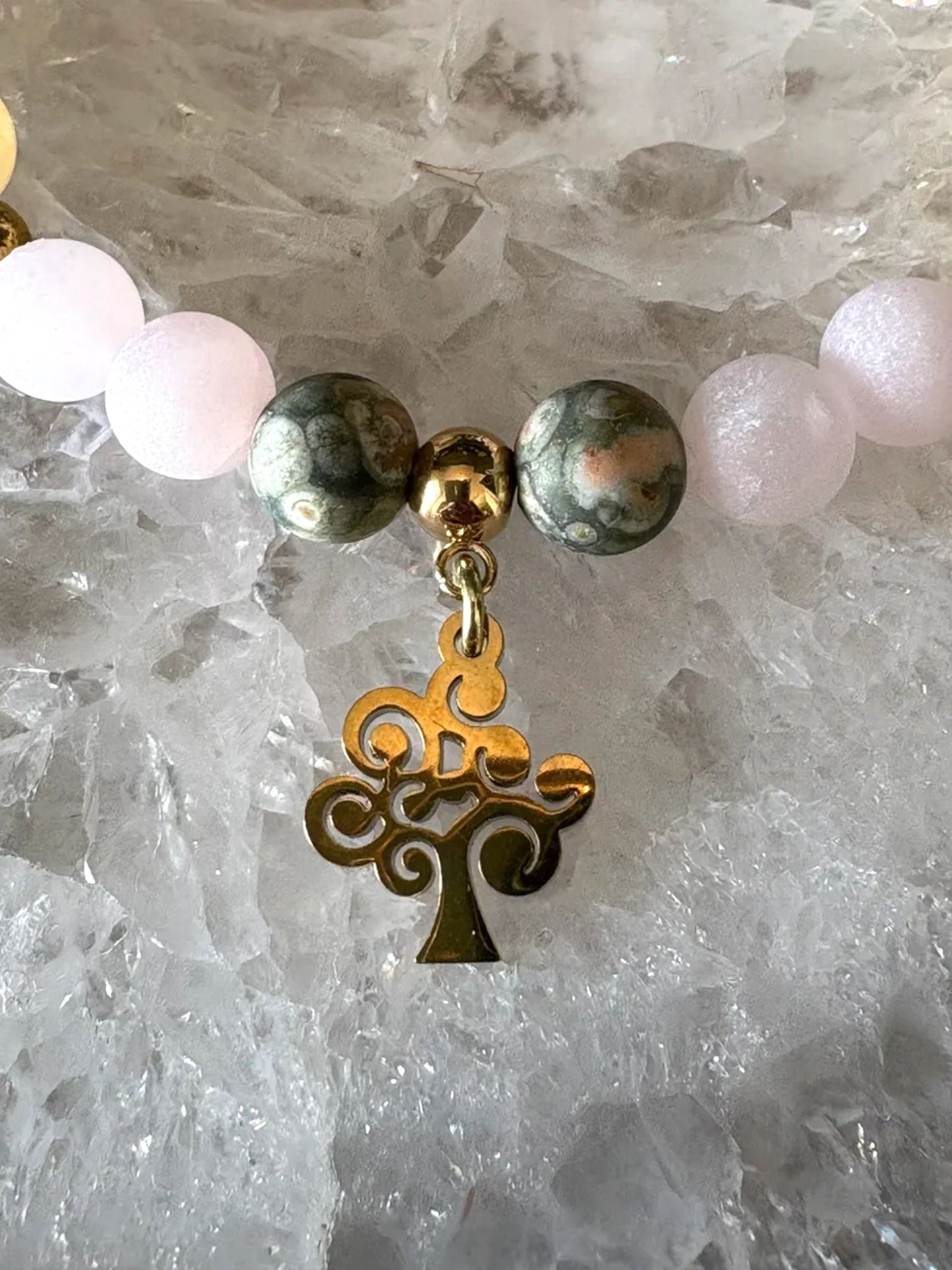 Yellow Calcite, Matte Rose Quartz & Matte Rainforest Jasper Bracelet with Gold Metal Ball Beads and Tree of Life Charm