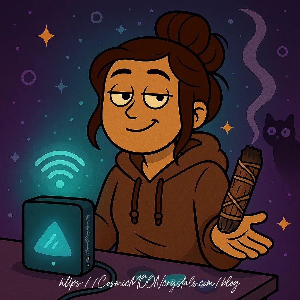 girl buffering WIFI with a sage stick
