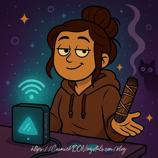 girl buffering WIFI with a sage stick