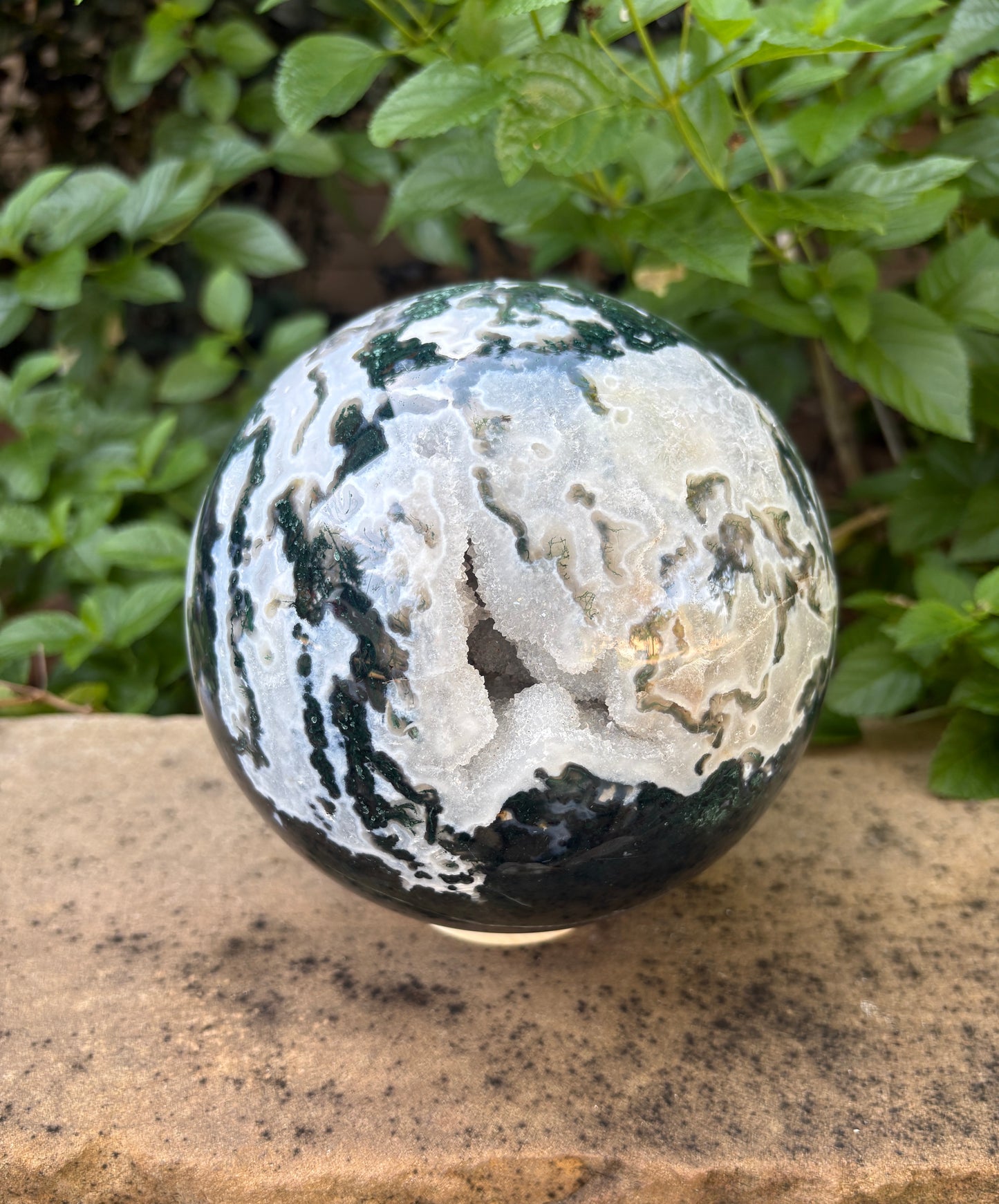 Massive 10 lb. Moss Agate Sphere with Druzy Caverns -  Growth • Grounding • Abundance