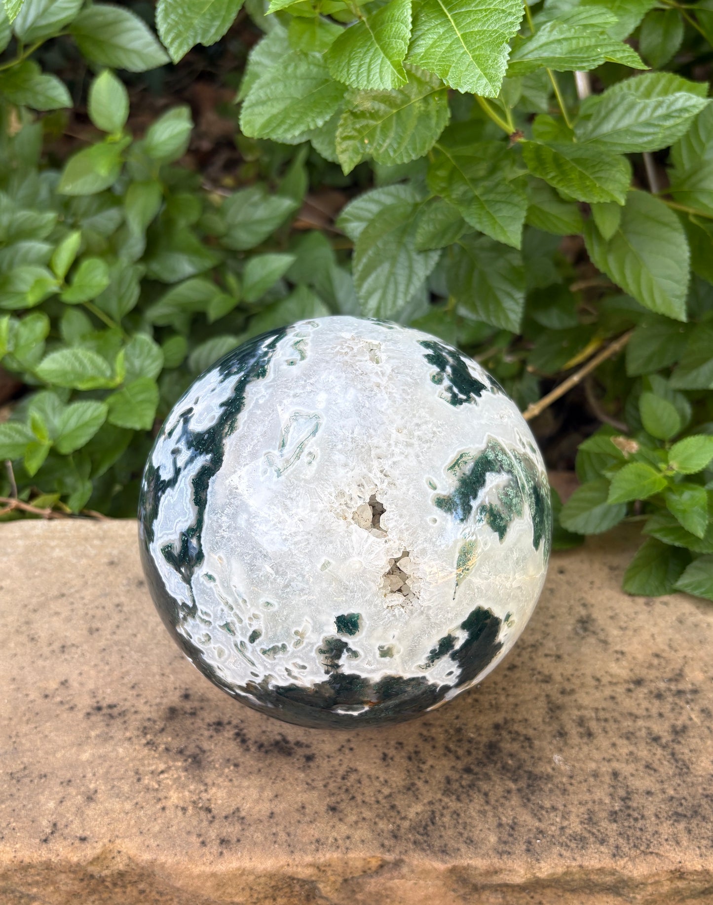 Massive 10 lb. Moss Agate Sphere with Druzy Caverns -  Growth • Grounding • Abundance