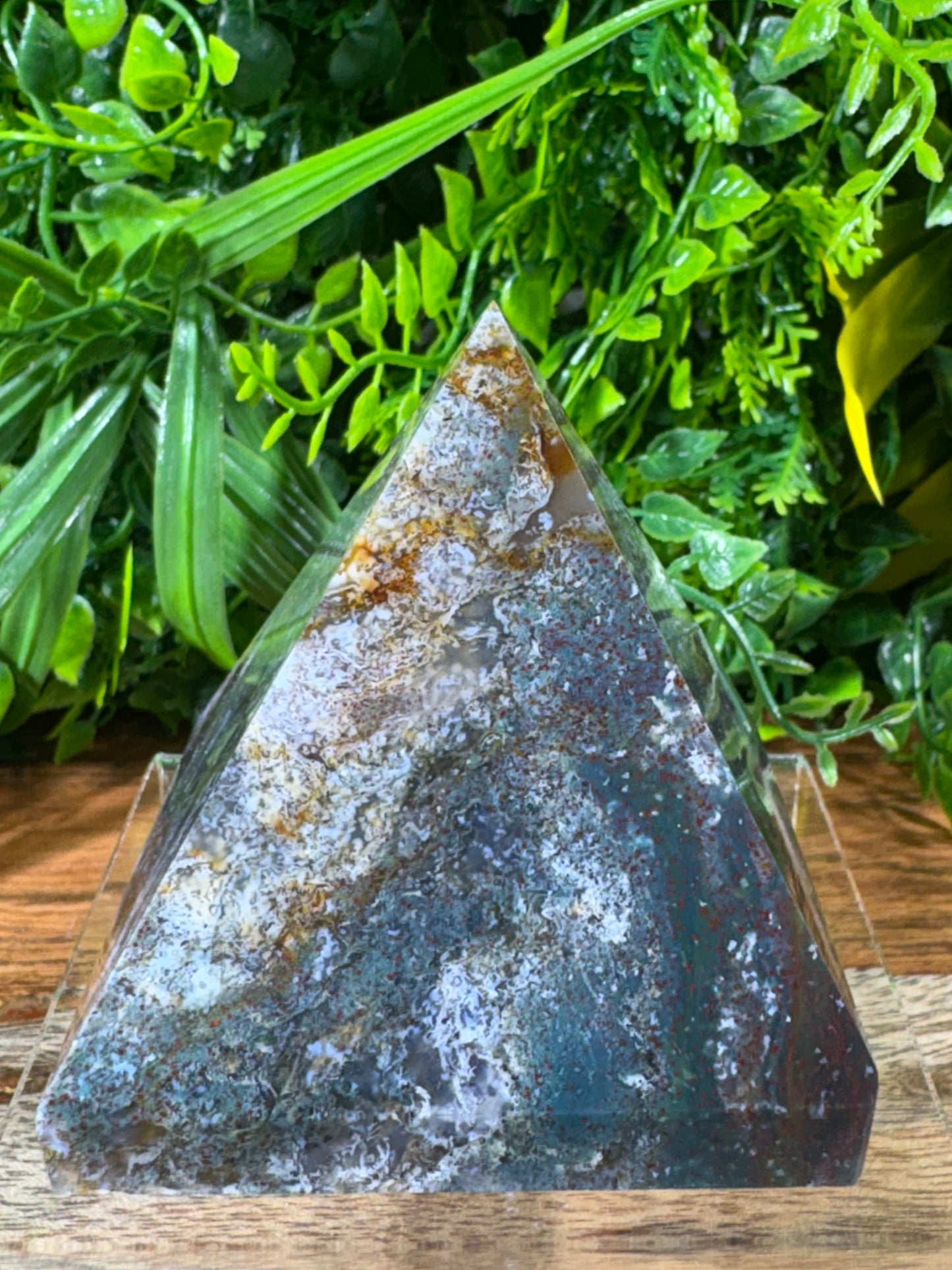 Multicolor Moss Agate Pyramid with Red Iron Oxide - Growth • Grounding • Abundance