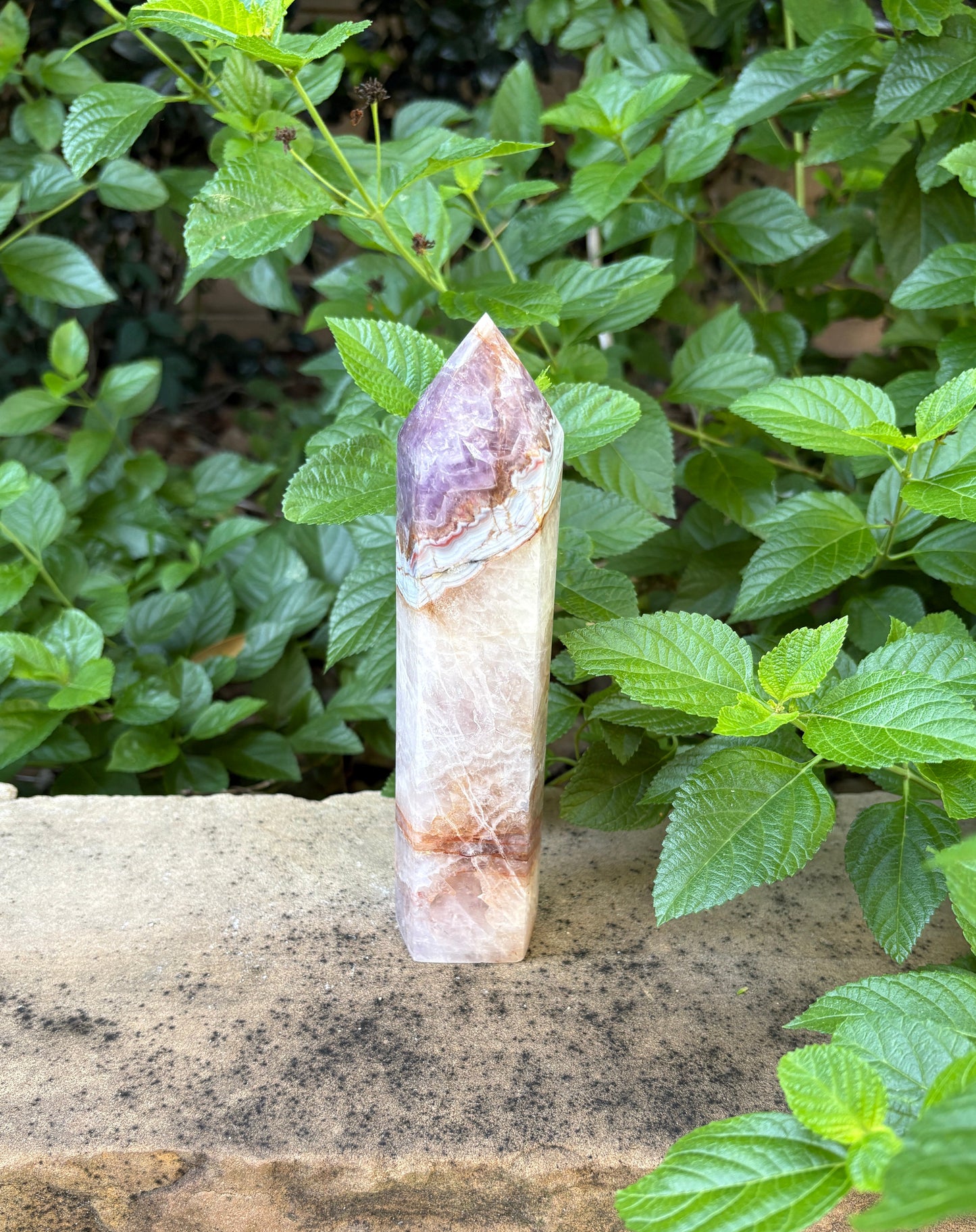 A natural pointed crystal tower with purple, white, and brown marbling, standing upright on a stone slab surrounded by green leaves.