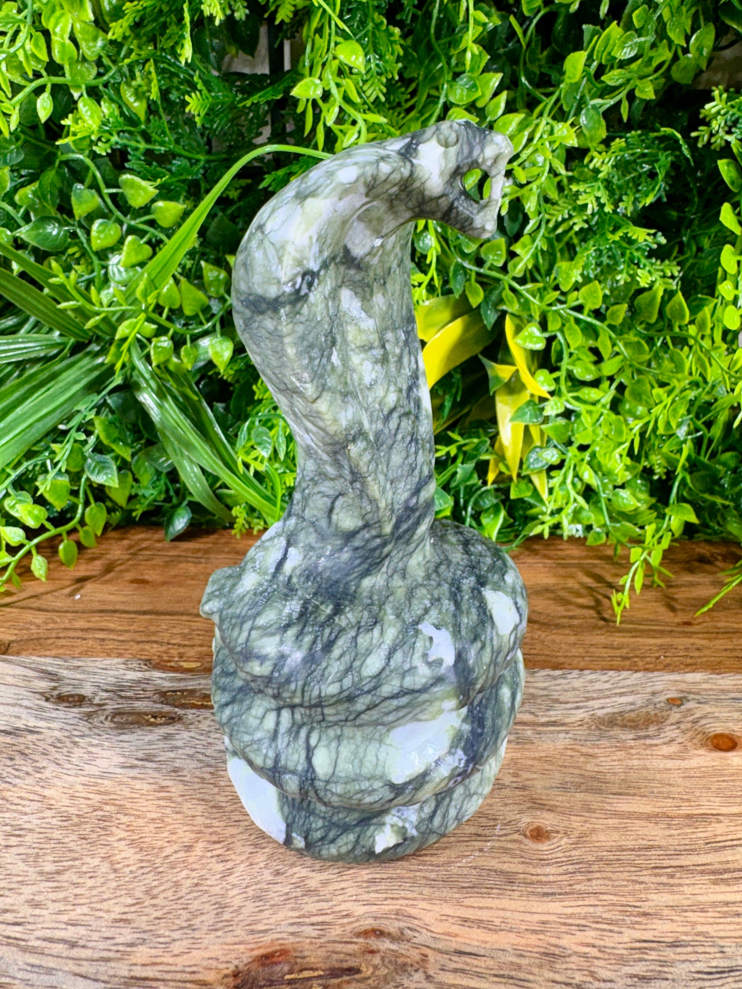 Jade Serpentine Cobra Carving - Large Green Crystal Snake Statue | Protection Décor