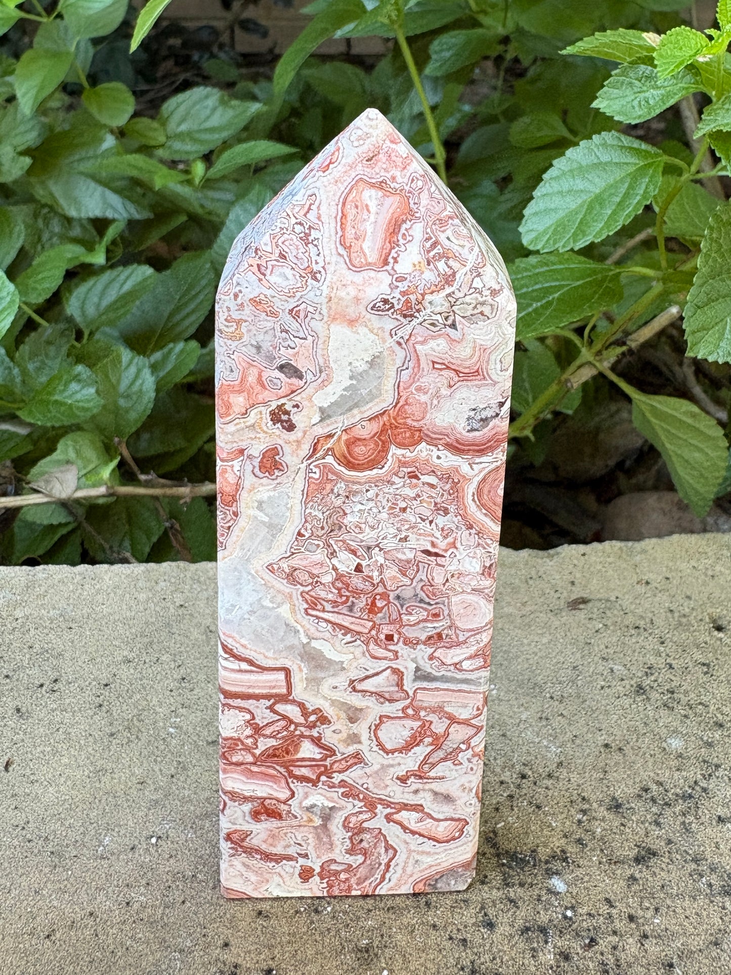 Pink Mexican Crazy Lace Agate Tower with Quartz Vein - Joy • Grounding • Balance