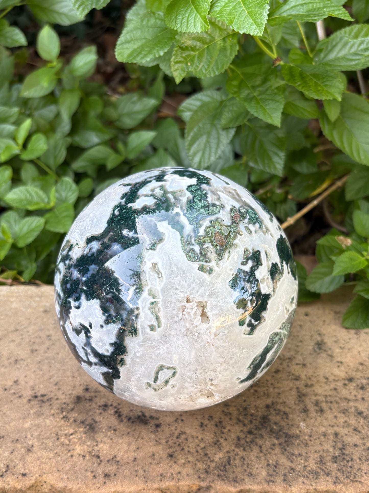 Massive 10 lb. Moss Agate Sphere with Druzy Caverns -  Growth • Grounding • Abundance