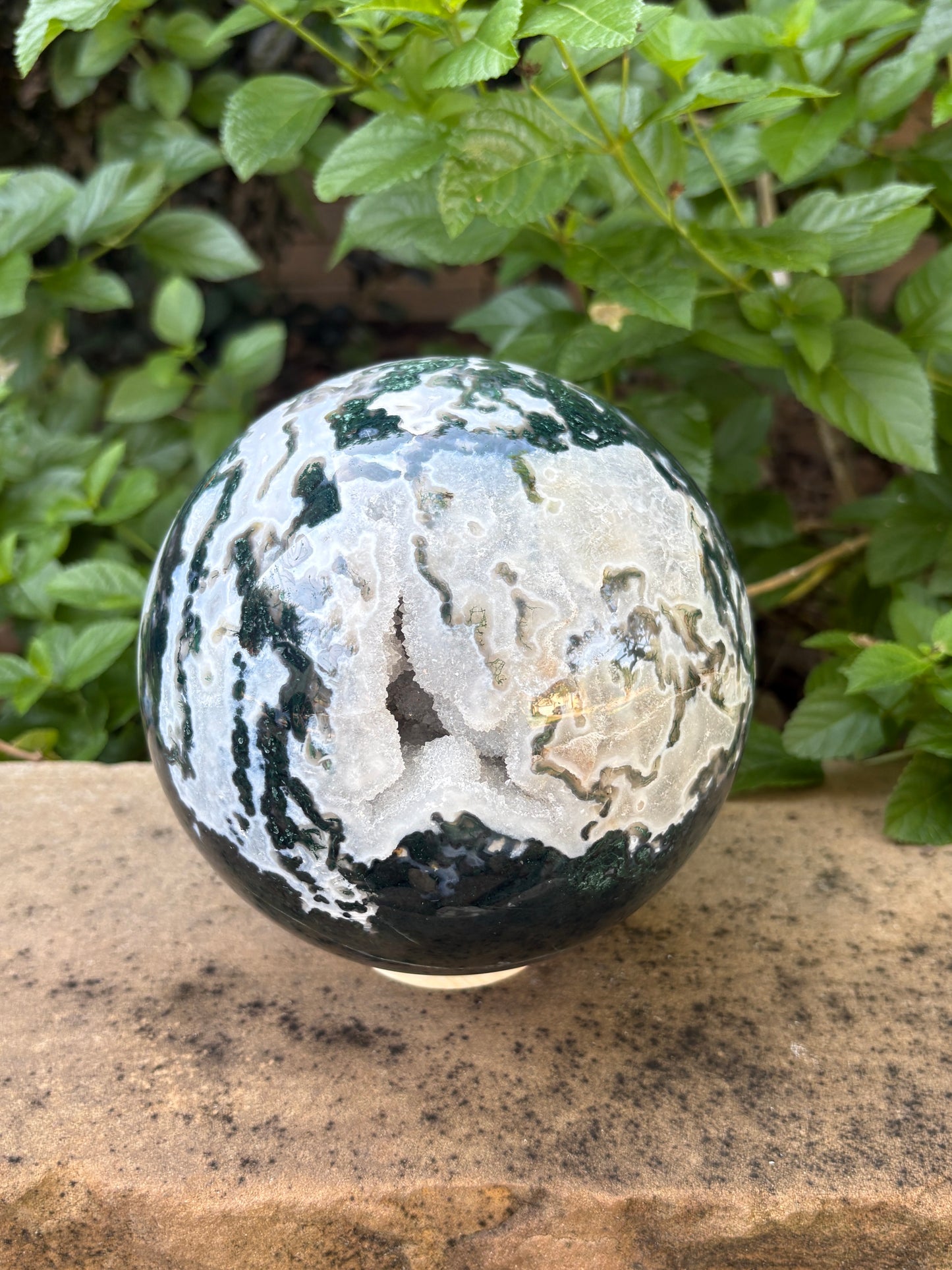 Massive 10 lb. Moss Agate Sphere with Druzy Caverns -  Growth • Grounding • Abundance
