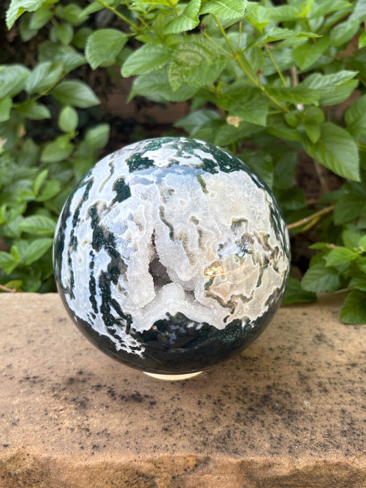 Massive 10 lb. Moss Agate Sphere with Druzy Caverns -  Growth • Grounding • Abundance
