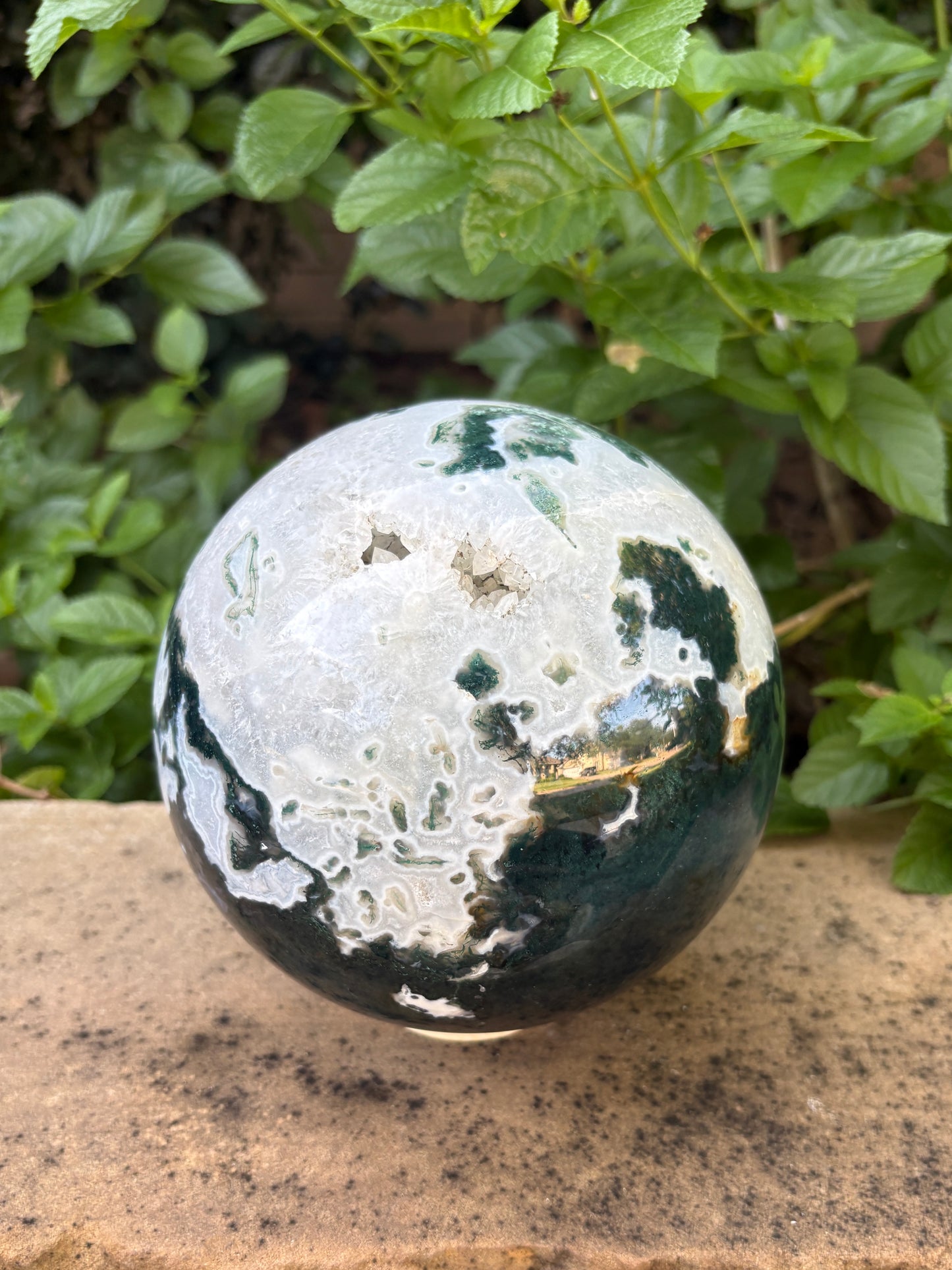 Massive 10 lb. Moss Agate Sphere with Druzy Caverns -  Growth • Grounding • Abundance