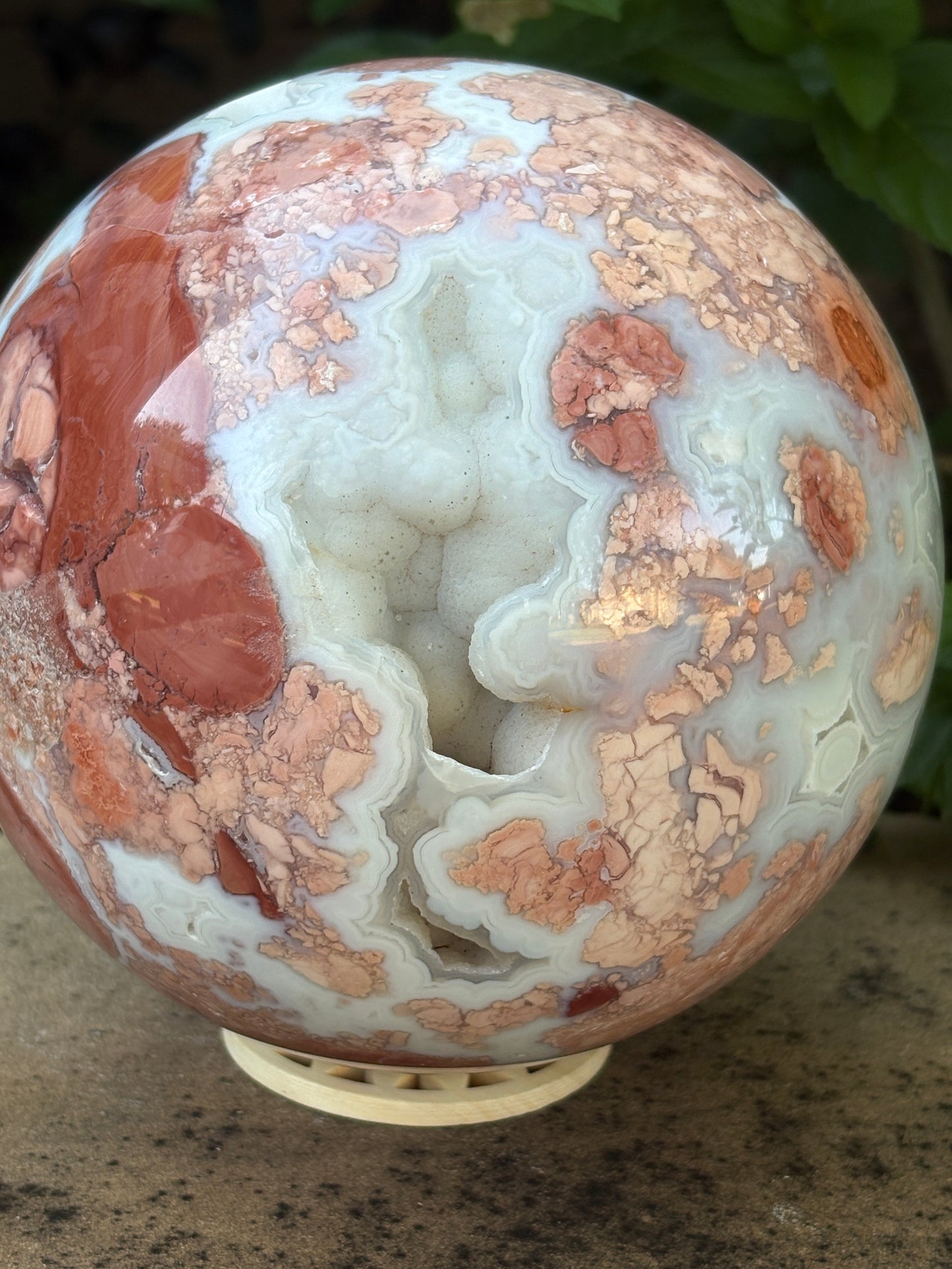 Pink Petal Agate Sphere with Druzy Caverns | 8.38 lb - Nurturing • Grounding • Emotional Balance