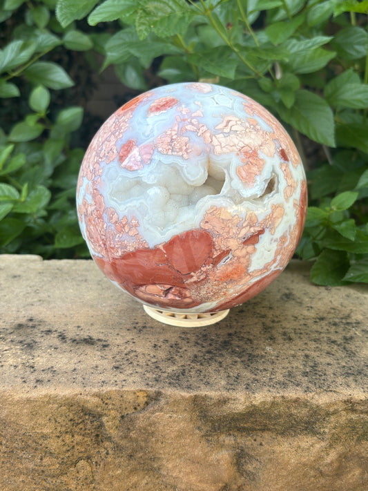 Pink Petal Agate Sphere with Druzy Caverns | 8.38 lb - Nurturing • Grounding • Emotional Balance