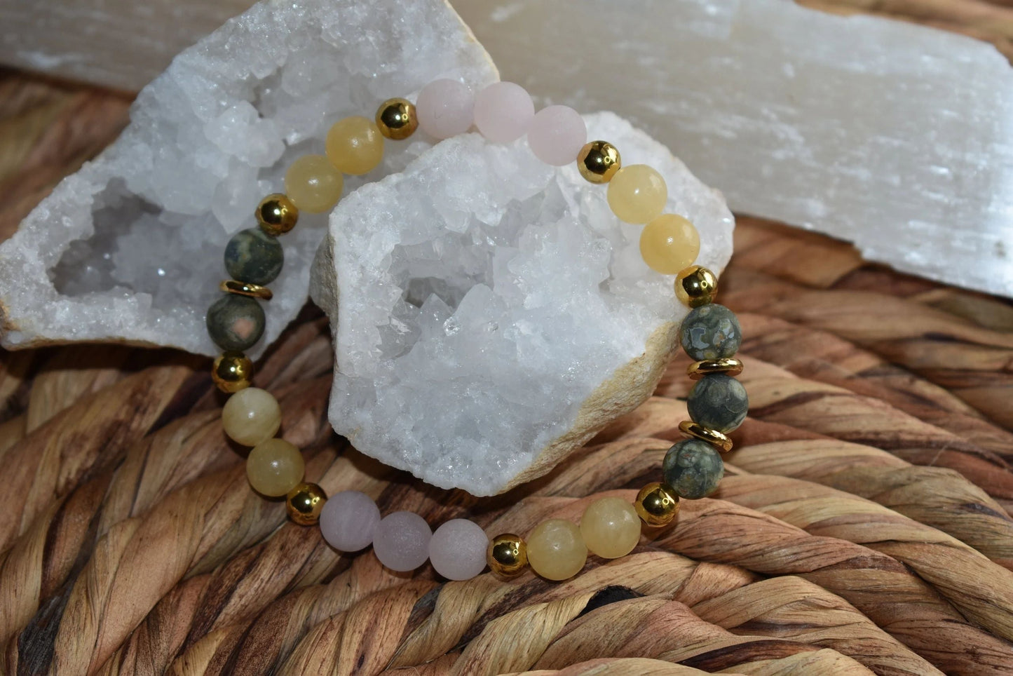 8mm Yellow Calcite, Matte Rose Quartz & Matte Rainforest Jasper Bracelet – Joy