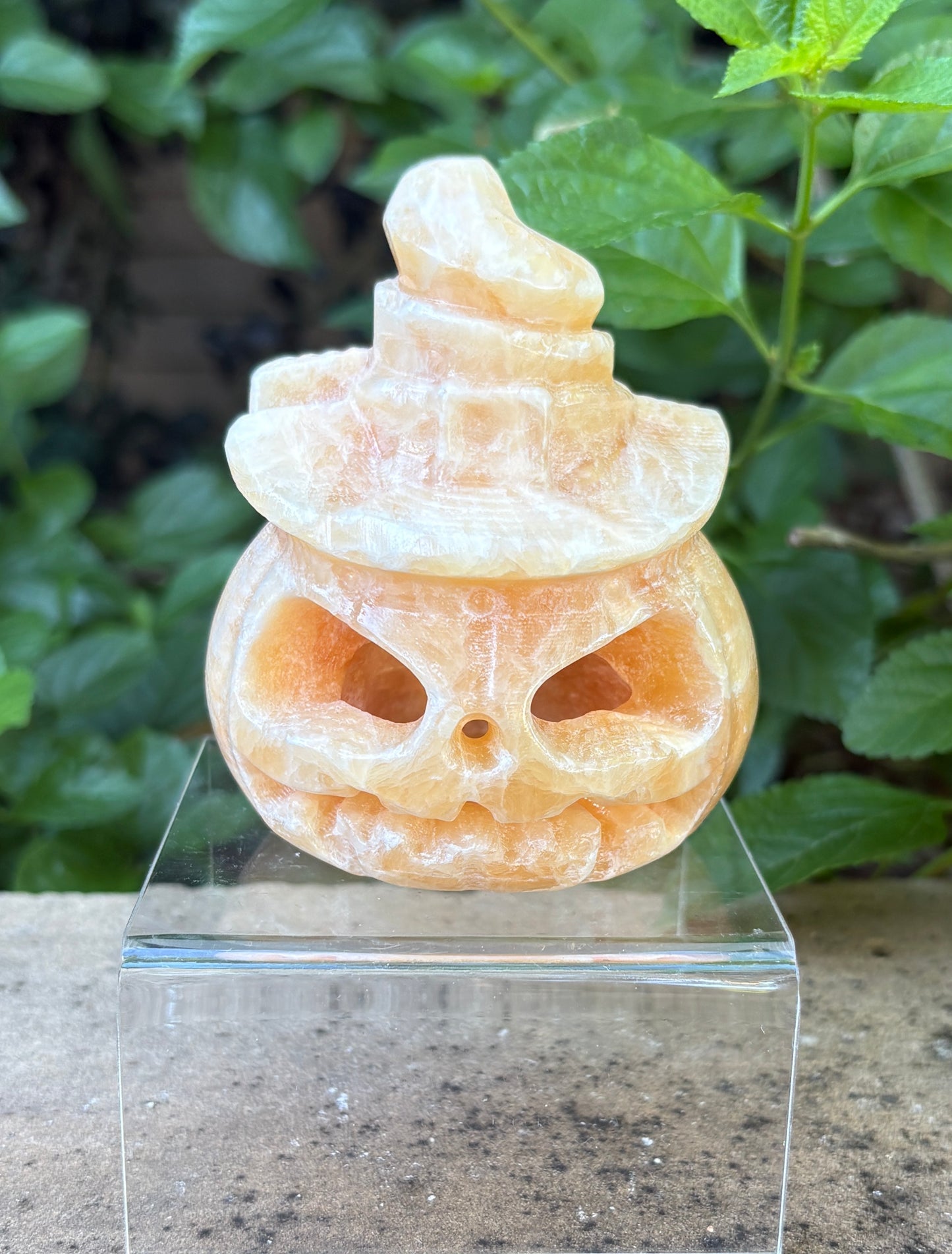 Carved Orange Calcite Jack-o- Lantern with Wizard Hat - Pumpkin Magic | Joy, Confidence & Seasonal Spark