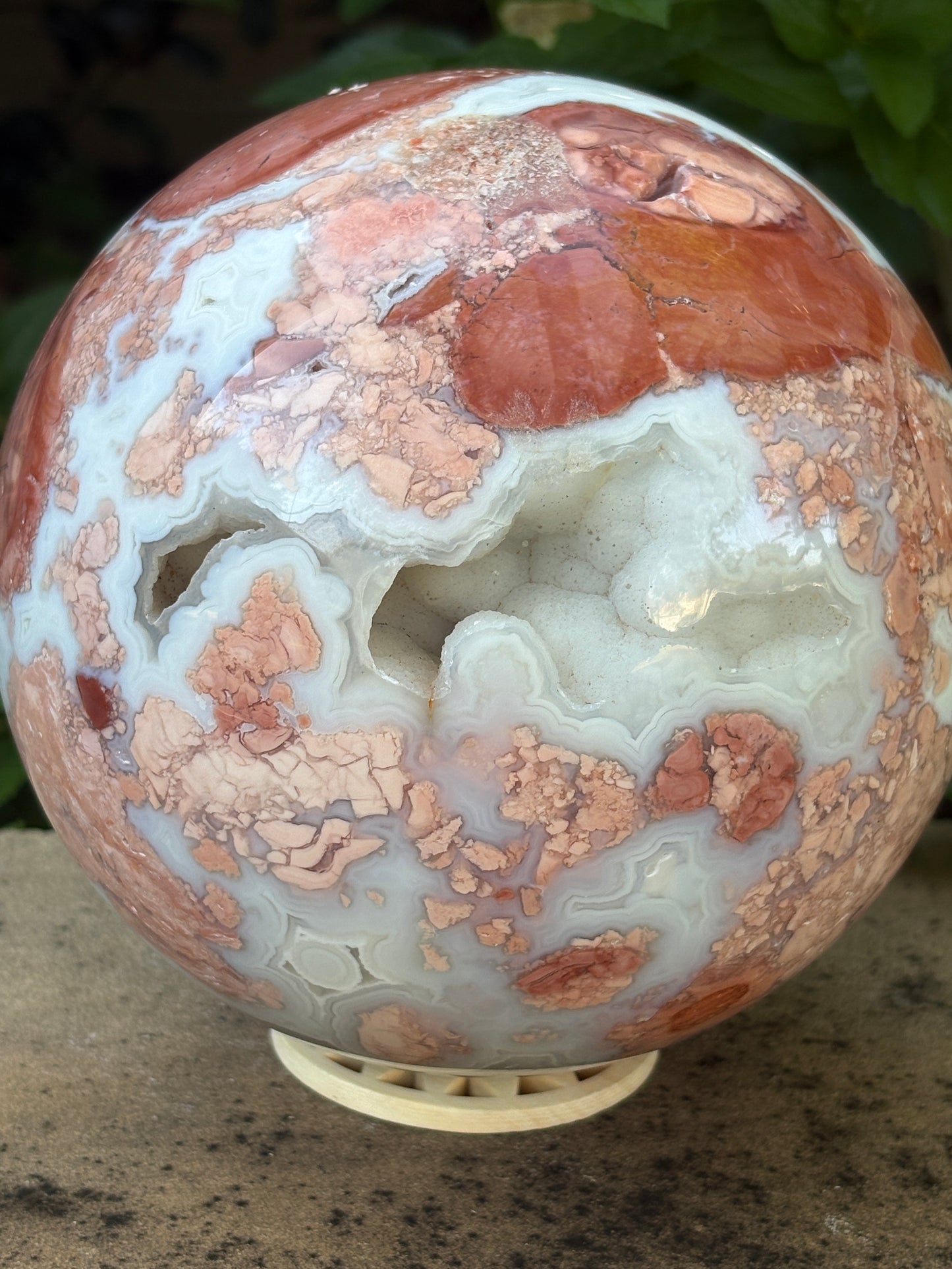 Pink Petal Agate Sphere with Druzy Caverns | 8.38 lb - Nurturing • Grounding • Emotional Balance