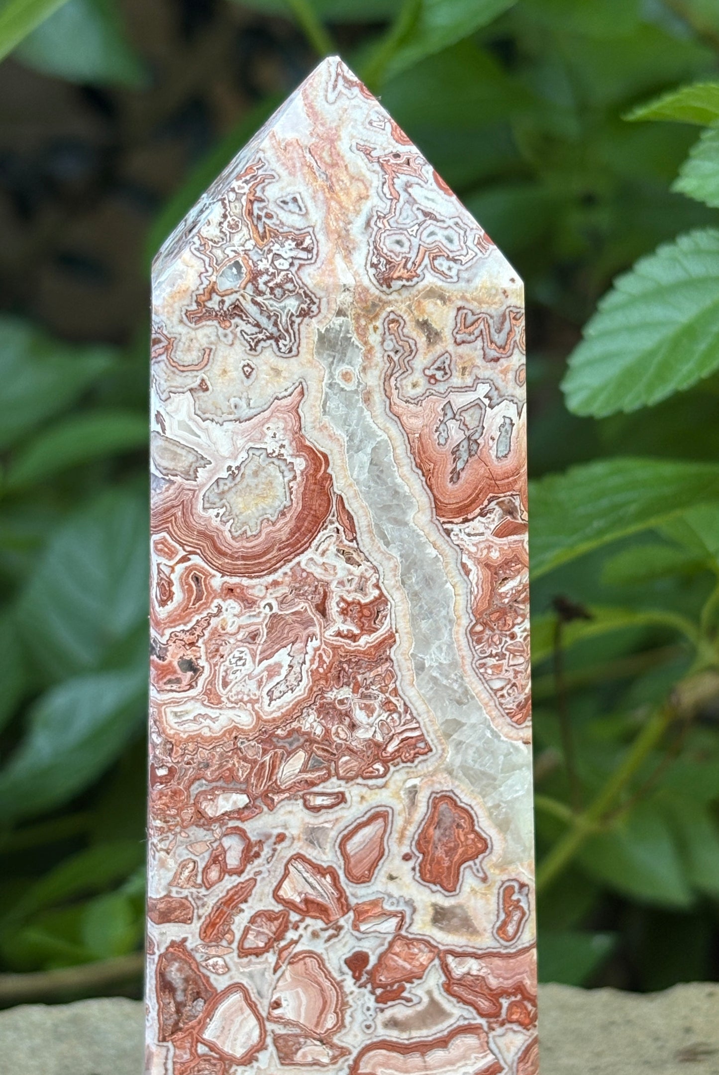 Pink Mexican Crazy Lace Agate Tower with Quartz Vein - Joy • Grounding • Balance