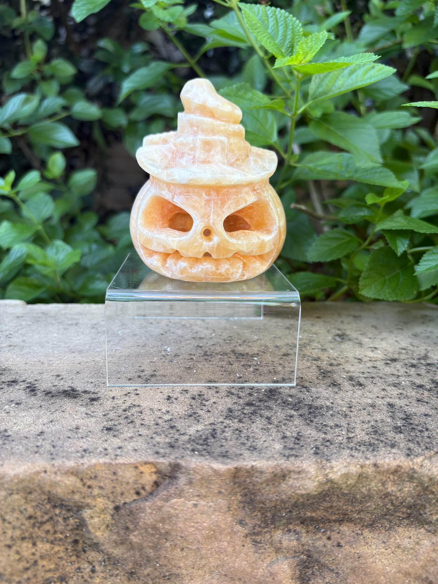 Carved Orange Calcite Jack-o- Lantern with Wizard Hat - Pumpkin Magic | Joy, Confidence & Seasonal Spark
