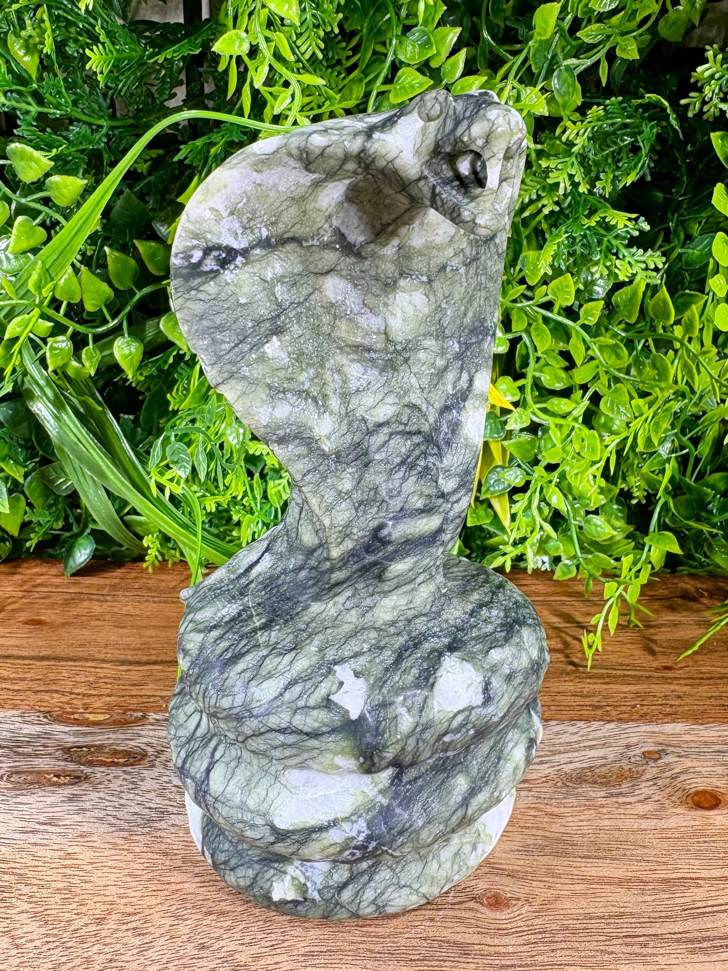 Jade Serpentine Cobra Carving - Large Green Crystal Snake Statue | Protection Décor