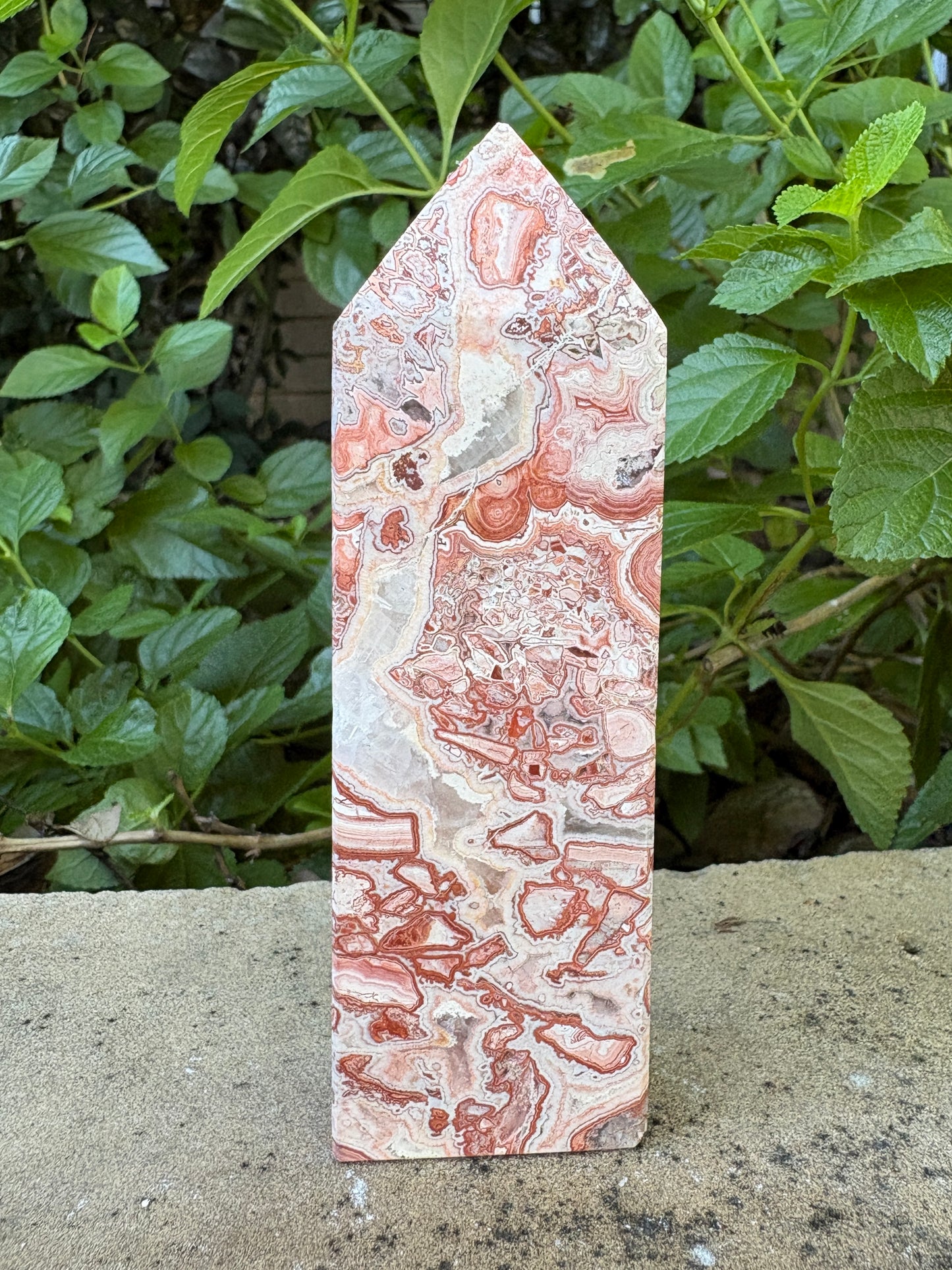 Pink Mexican Crazy Lace Agate Tower with Quartz Vein - Joy • Grounding • Balance