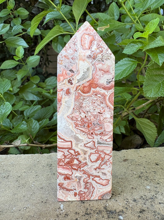 Pink Mexican Crazy Lace Agate Tower with Quartz Vein - Joy • Grounding • Balance