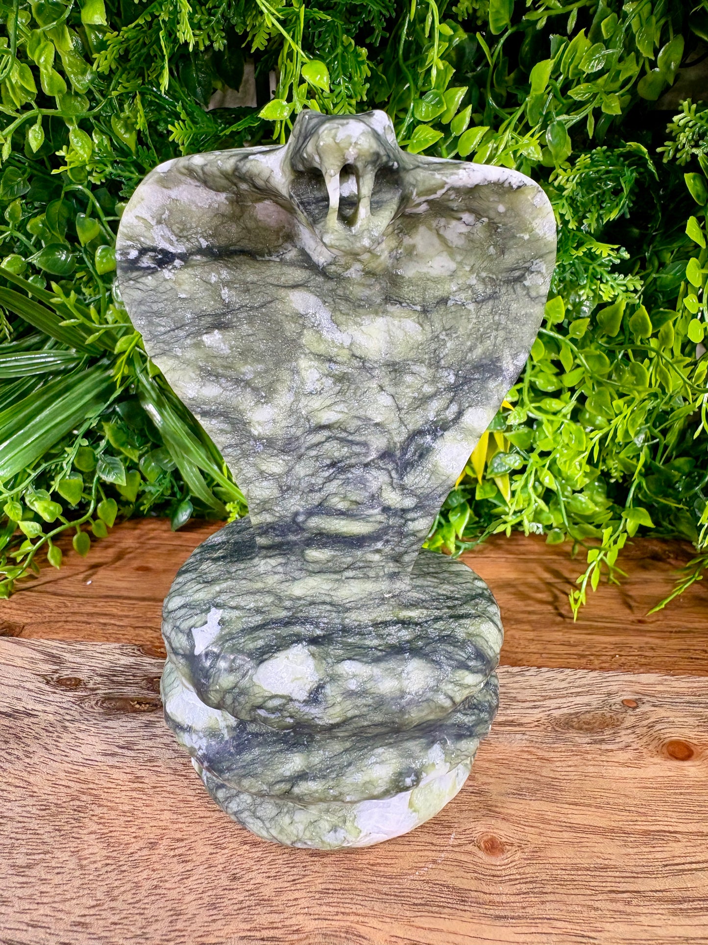 Jade Serpentine Cobra Carving - Large Green Crystal Snake Statue | Protection Décor