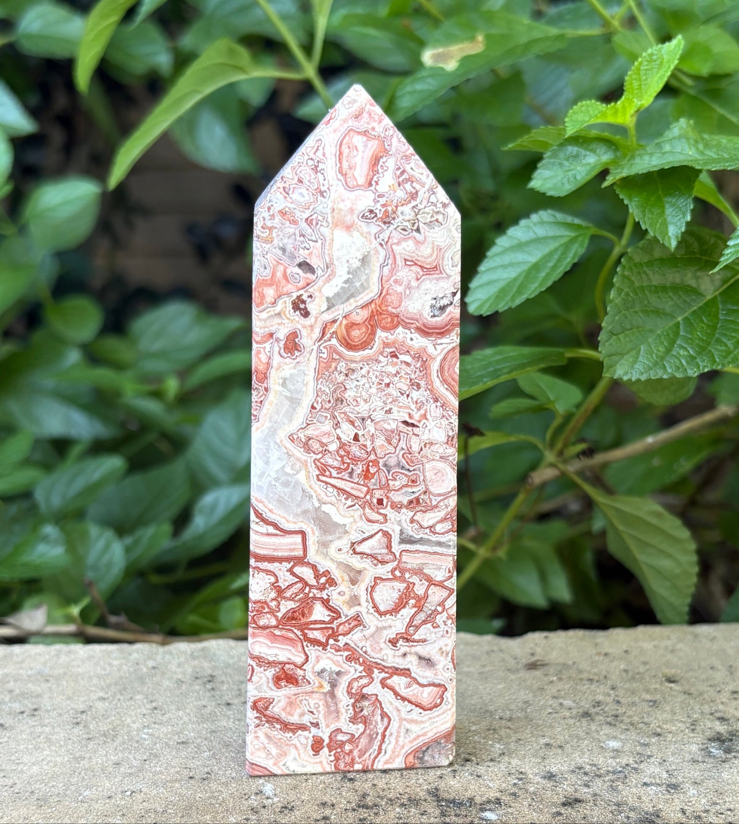 Pink Mexican Crazy Lace Agate Tower with Quartz Vein - Joy • Grounding • Balance