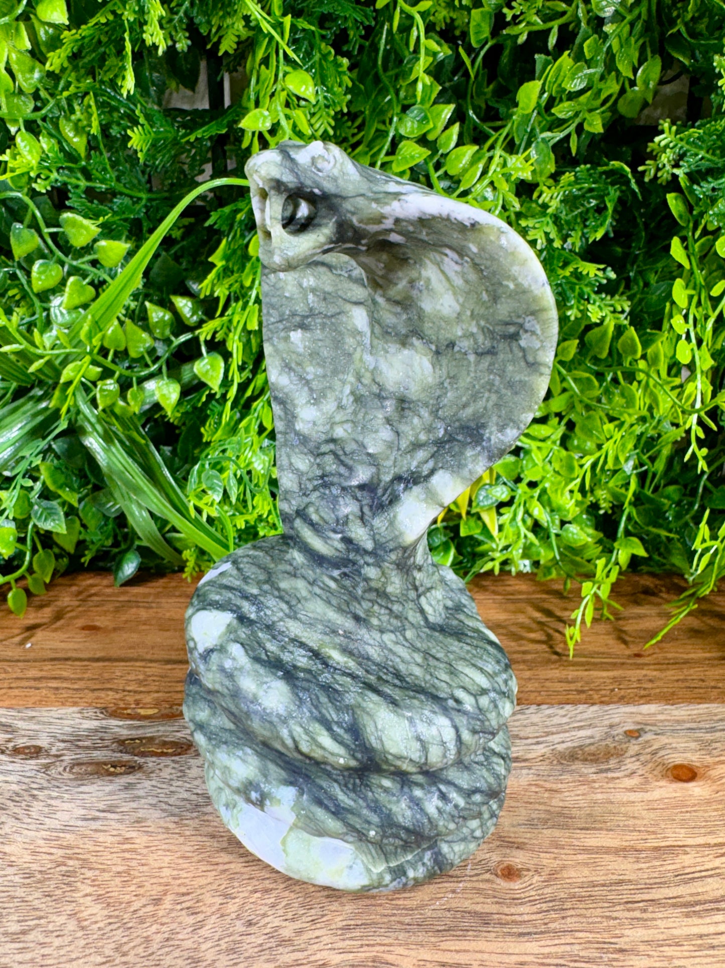 Jade Serpentine Cobra Carving - Large Green Crystal Snake Statue | Protection Décor