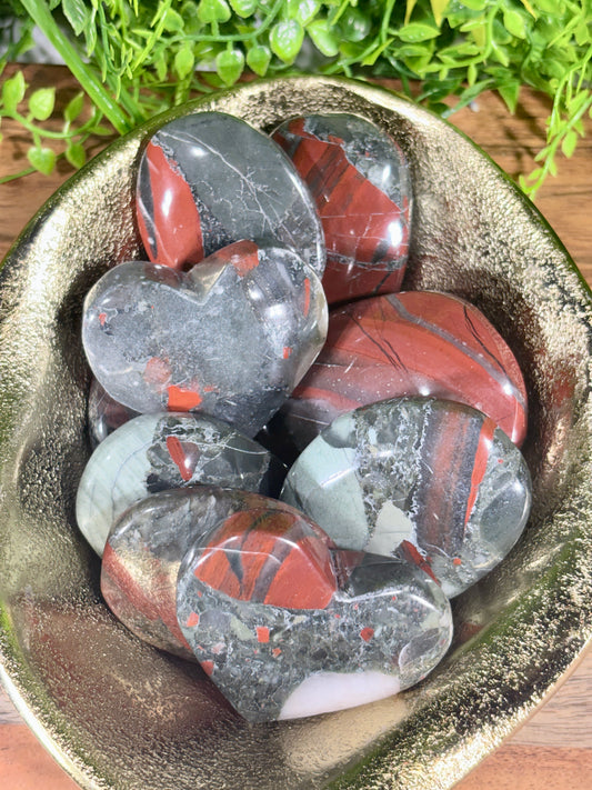 African Bloodstone Palm Stones & Hearts - Courage • Vitality • Grounded Strength