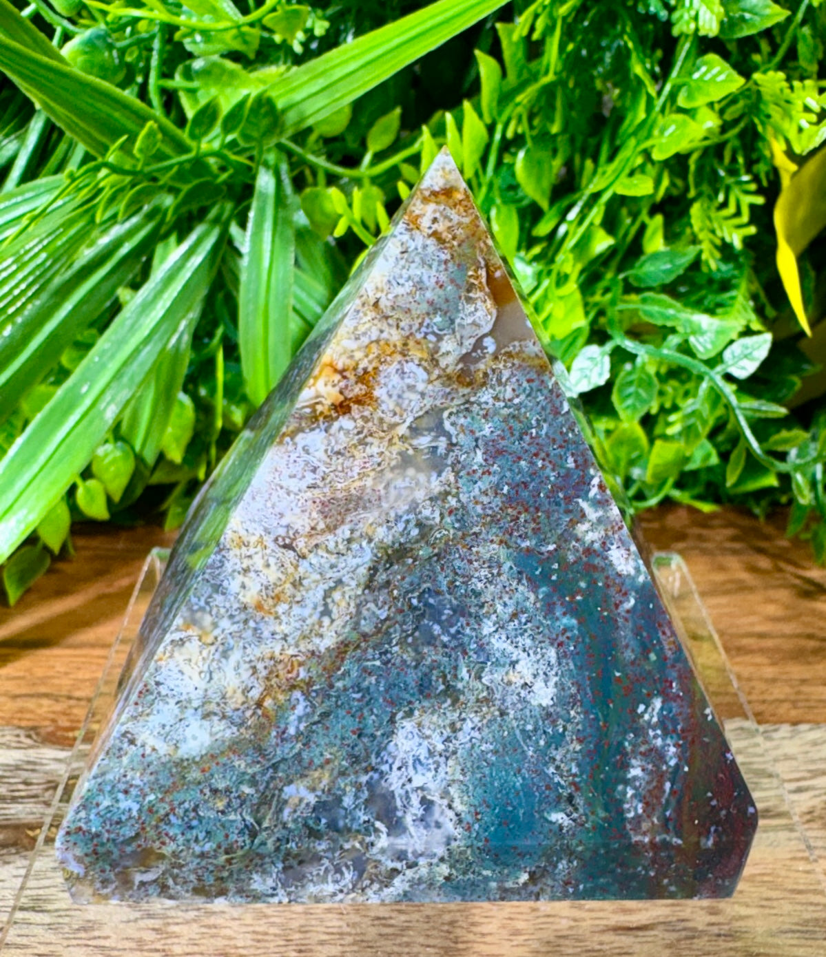 Multicolor Moss Agate Pyramid with Red Iron Oxide - Growth • Grounding • Abundance