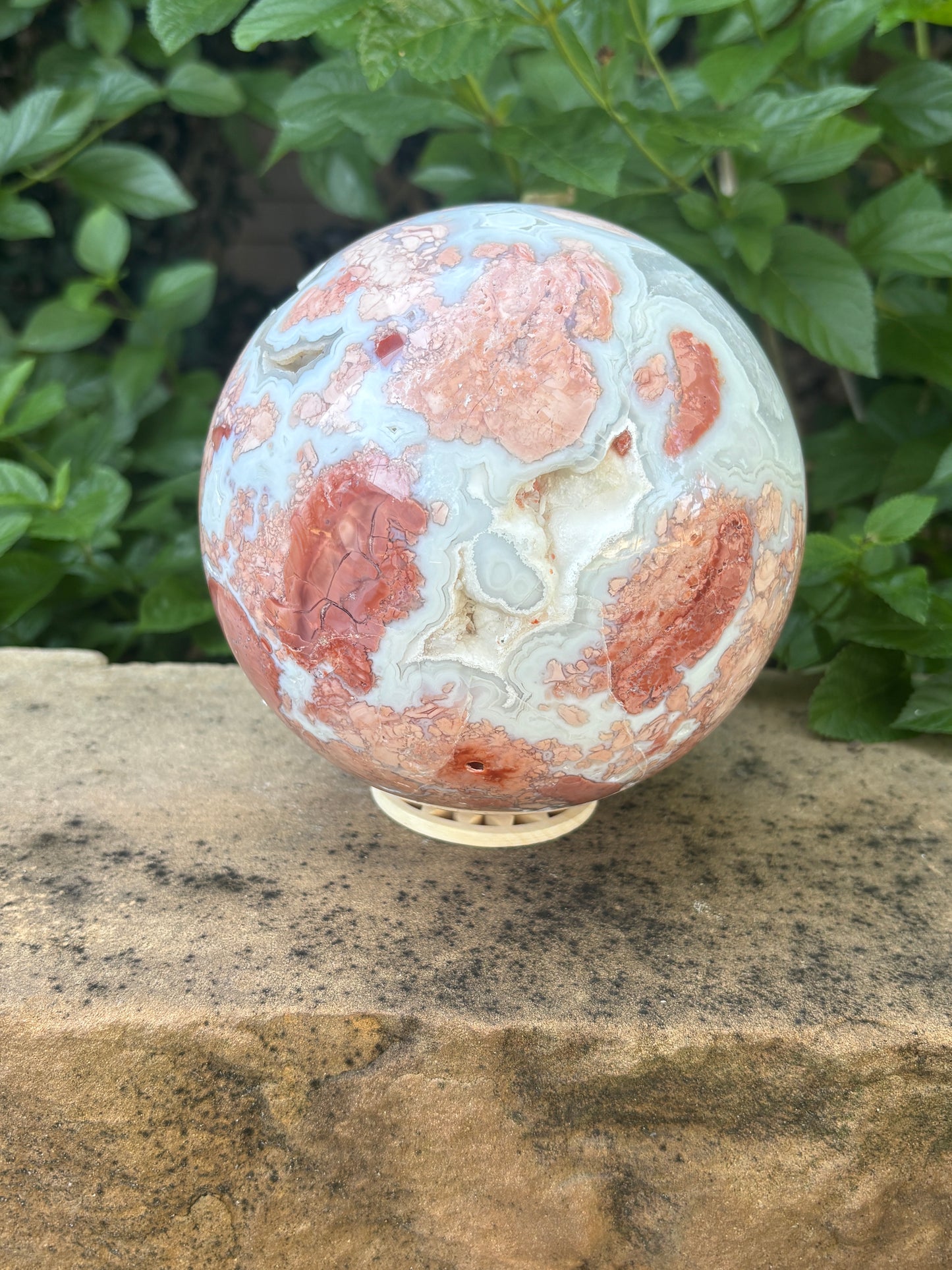 Pink Petal Agate Sphere with Druzy Caverns | 8.38 lb - Nurturing • Grounding • Emotional Balance