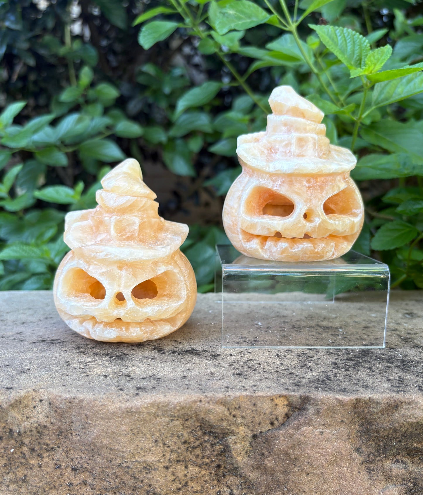 Carved Orange Calcite Jack-o- Lantern with Wizard Hat - Pumpkin Magic | Joy, Confidence & Seasonal Spark