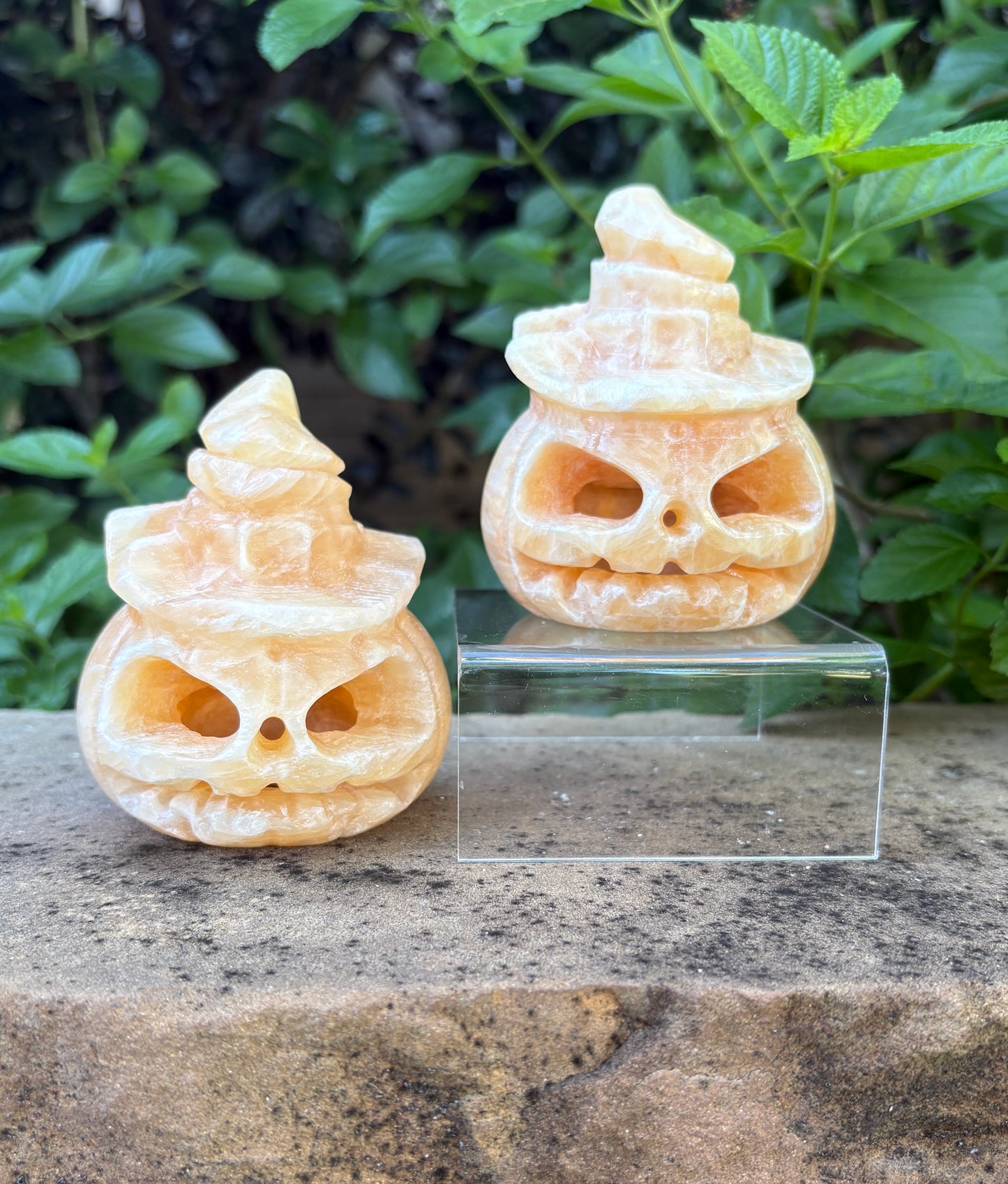 Carved Orange Calcite Jack-o- Lantern with Wizard Hat - Pumpkin Magic | Joy, Confidence & Seasonal Spark