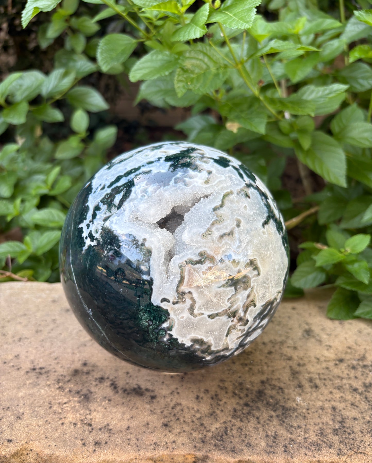 Massive 10 lb. Moss Agate Sphere with Druzy Caverns -  Growth • Grounding • Abundance