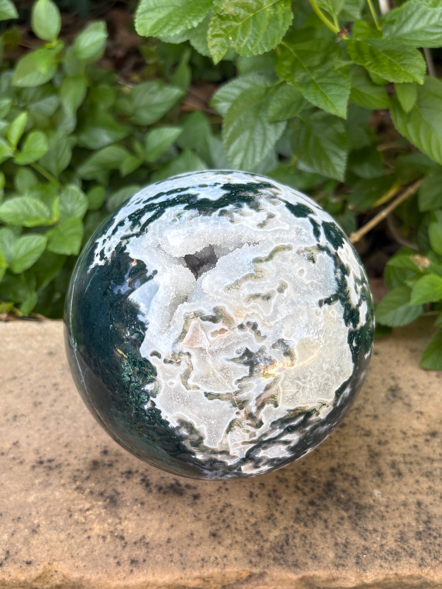 Massive 10 lb. Moss Agate Sphere with Druzy Caverns -  Growth • Grounding • Abundance