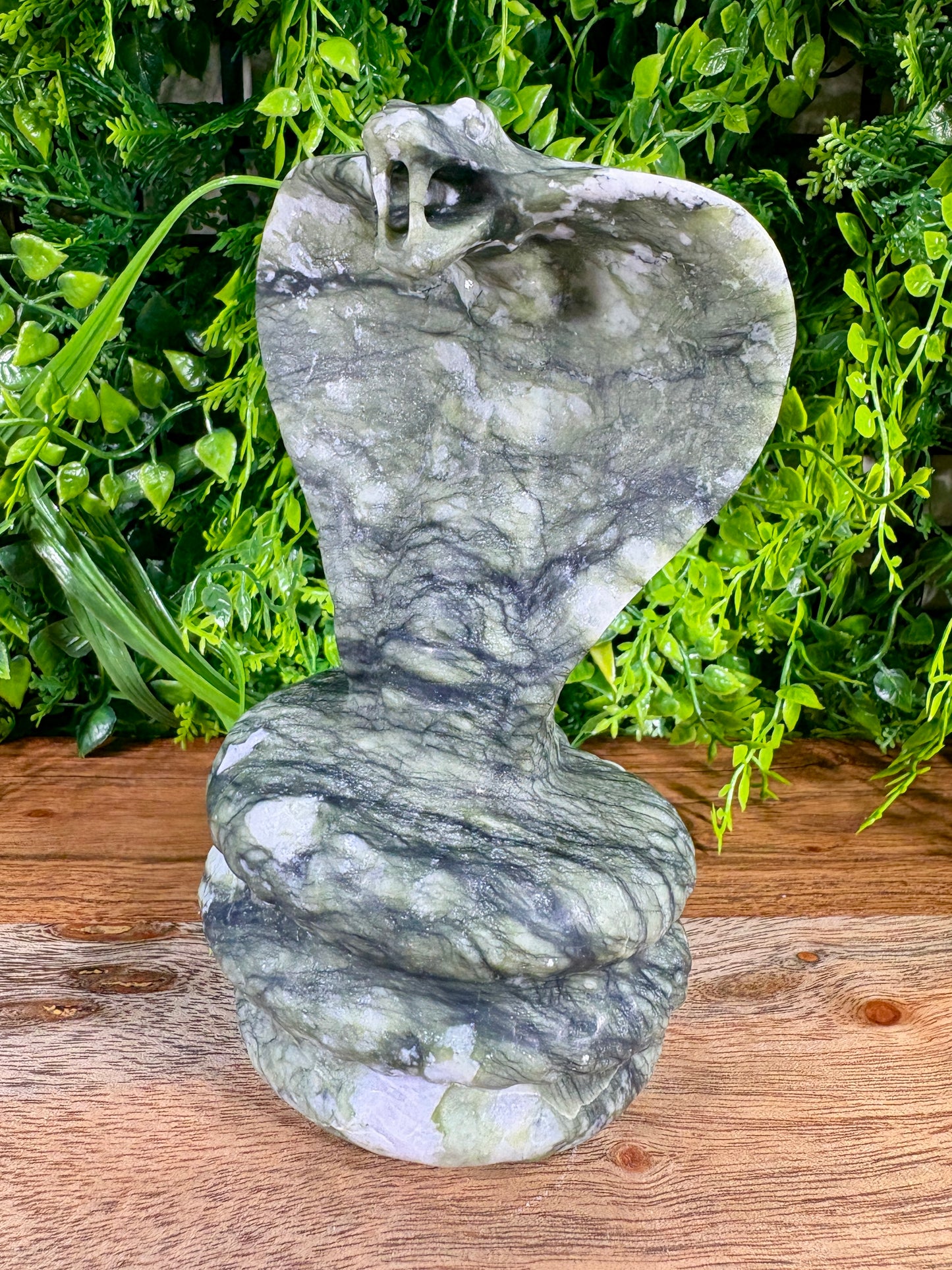 Jade Serpentine Cobra Carving - Large Green Crystal Snake Statue | Protection Décor
