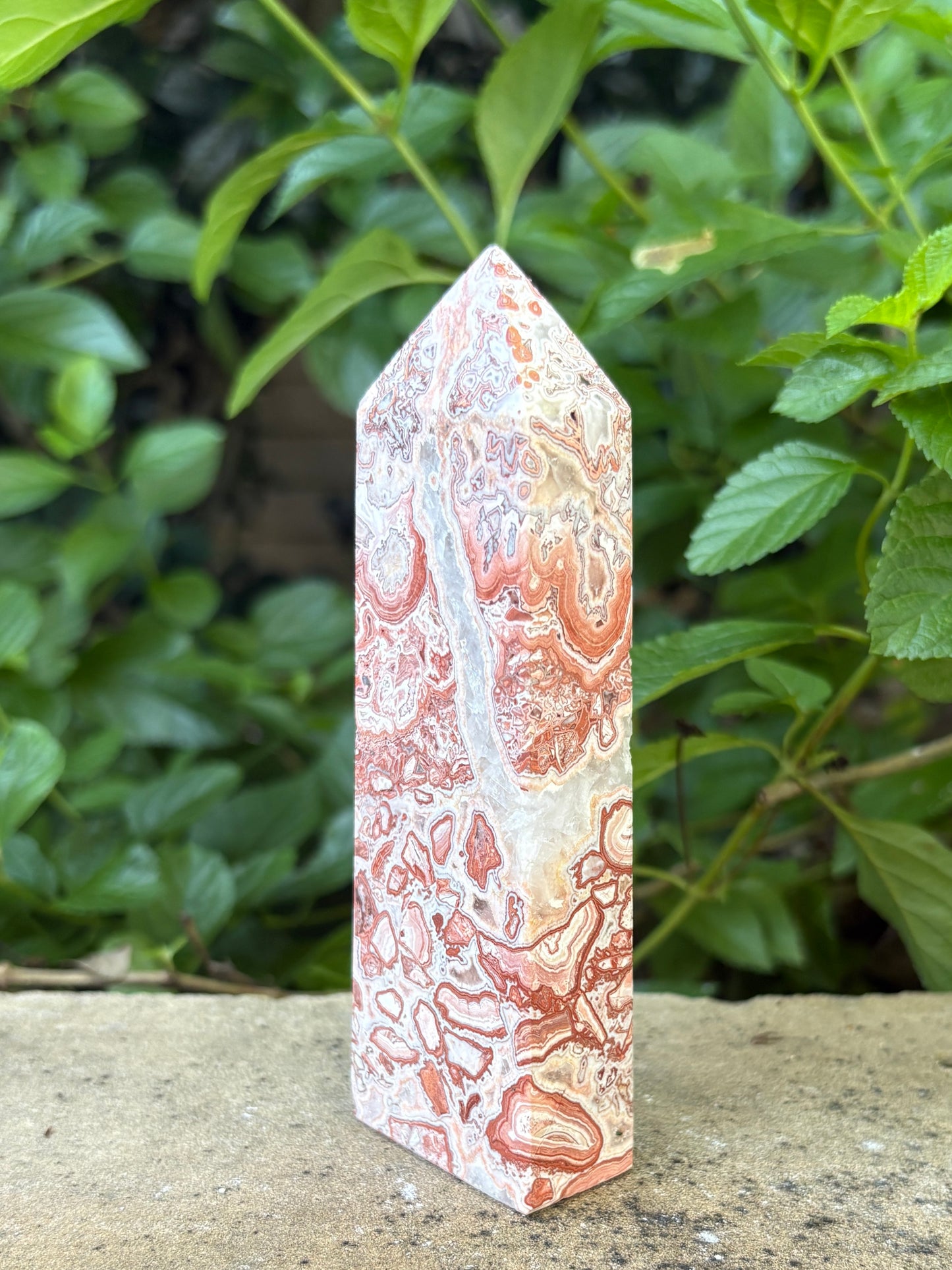 Pink Mexican Crazy Lace Agate Tower with Quartz Vein - Joy • Grounding • Balance