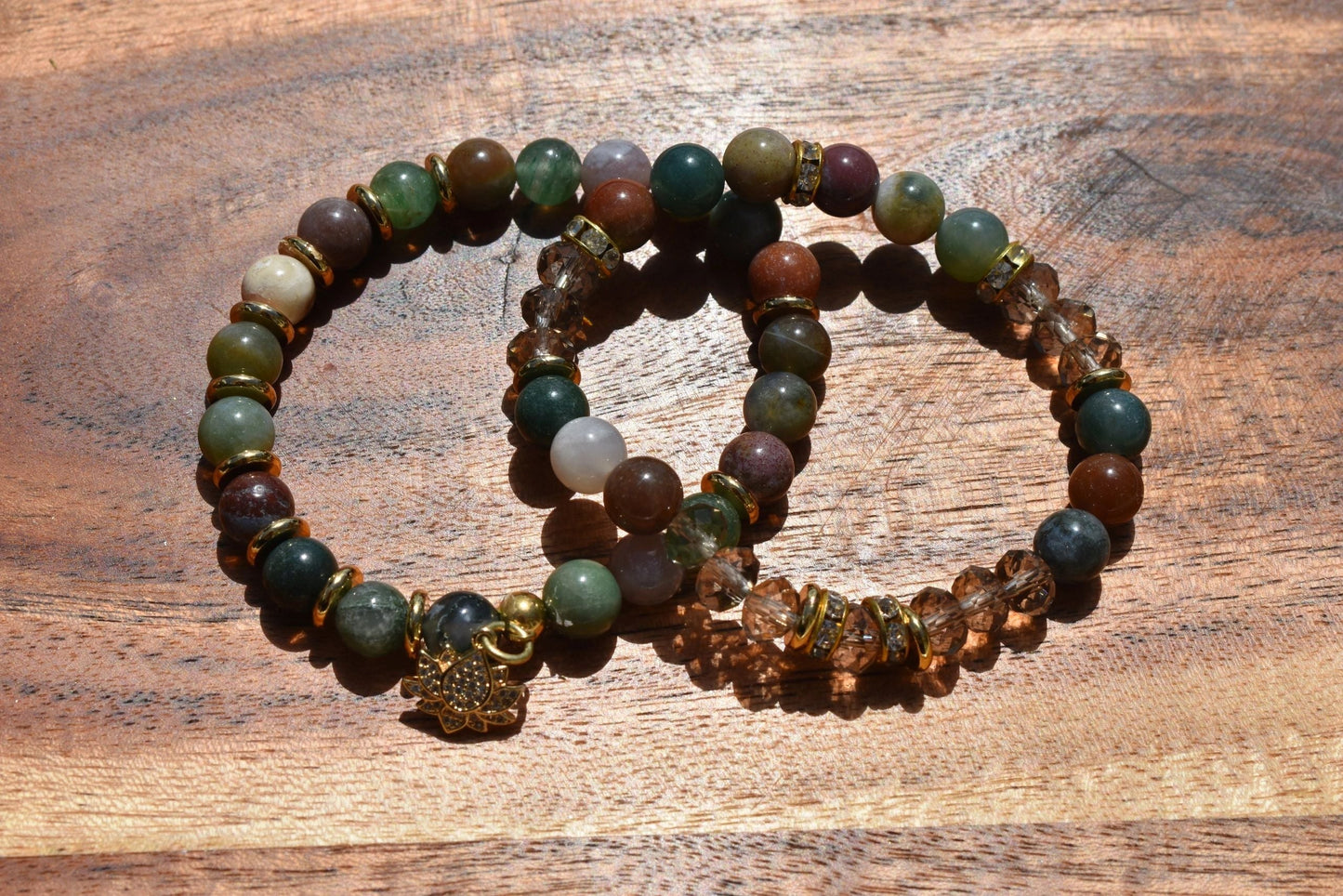Set of 2 Indian Agate Bracelets with Gold Accents & Czech Glass Beads – 8mm