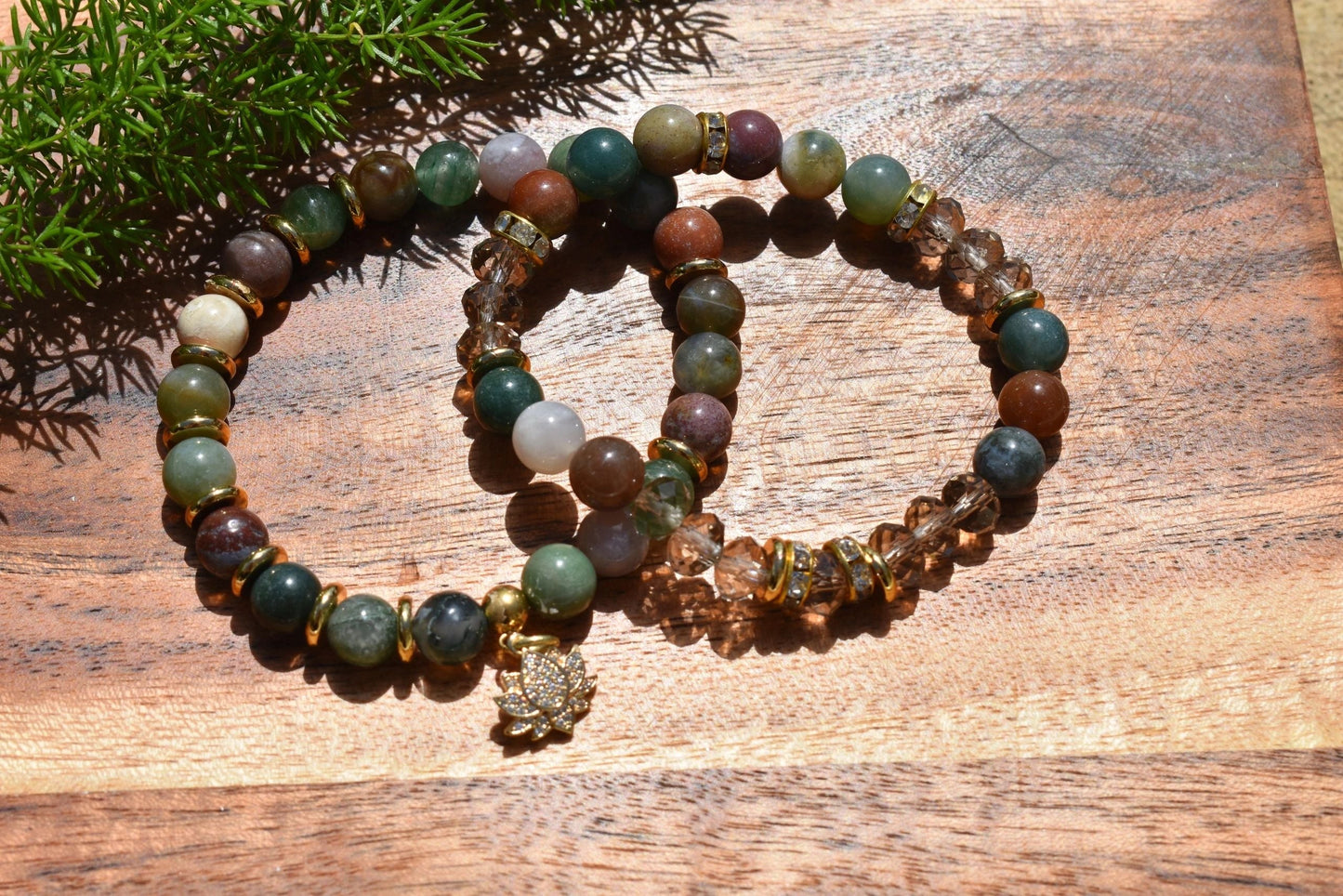 Set of 2 Indian Agate Bracelets with Gold Accents & Czech Glass Beads – 8mm