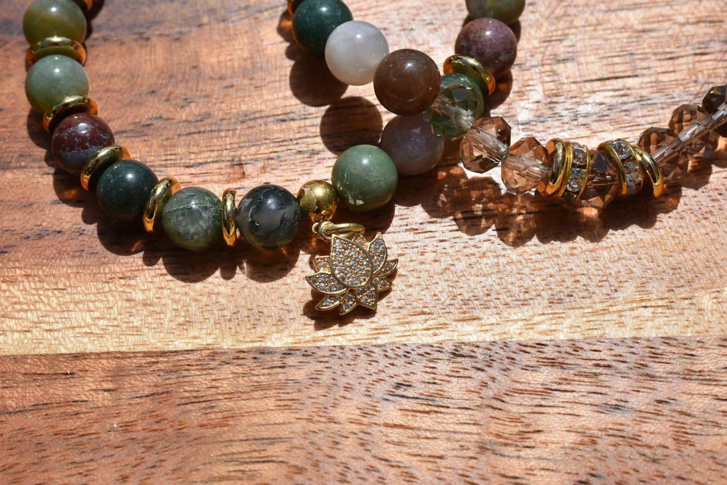 Set of 2 Indian Agate Bracelets with Gold Accents & Czech Glass Beads – 8mm